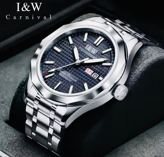 IMPRESIONANTE RELOJ AUTOMÁTICO MECÁNICO I&W - TUNGSTENO-24 JOYAS 💎-FECHADOR-CRYSTAL ZAFIRO-MOVIMIENTO SUIZO- 💯% ORIGINAL