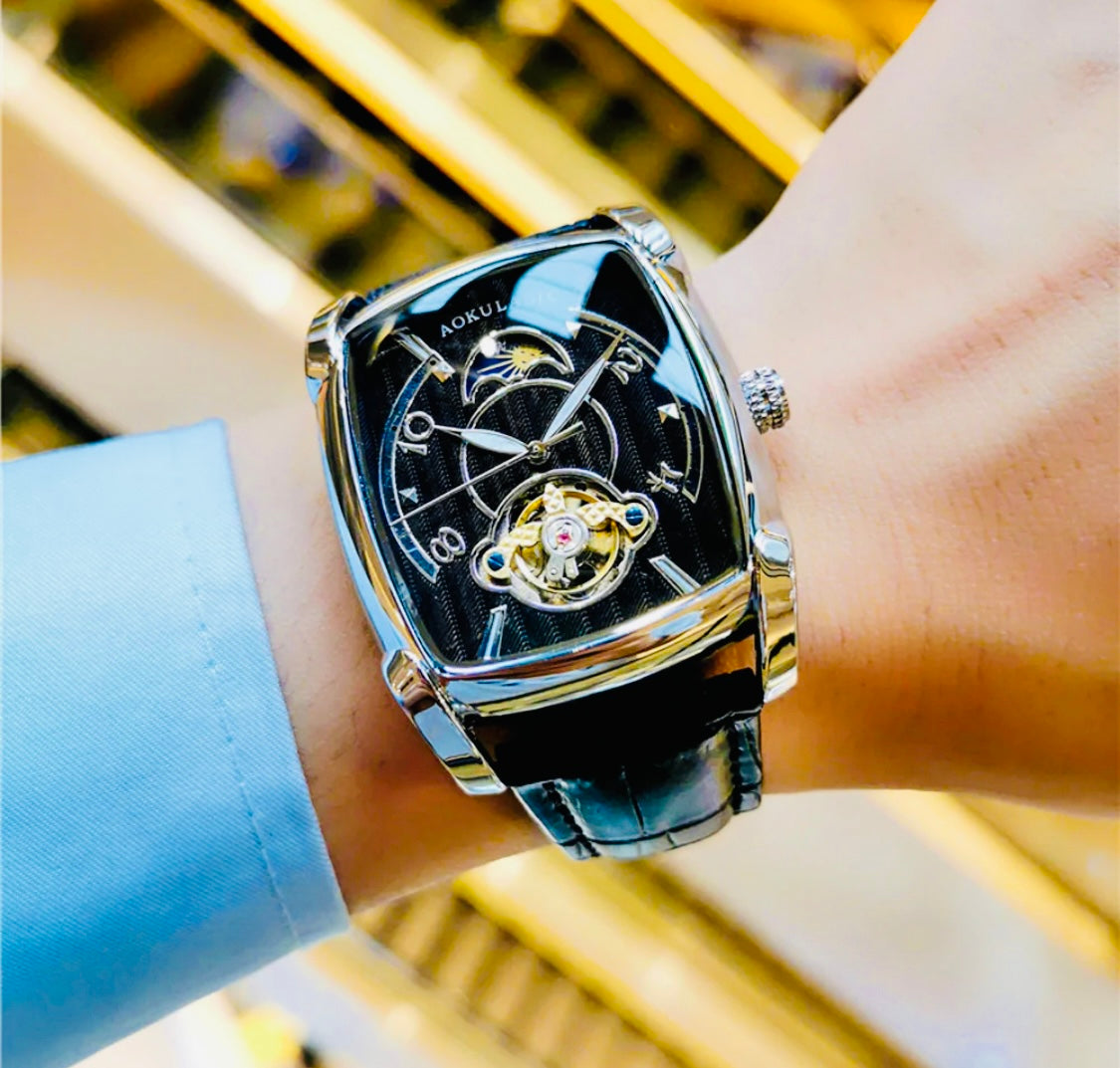 Elegante Reloj Automático Mecánico Tourbillon pulsera resistente al agua con mecanismo automático de movimiento, complemento mecánico Rectangular Carátula luminosa