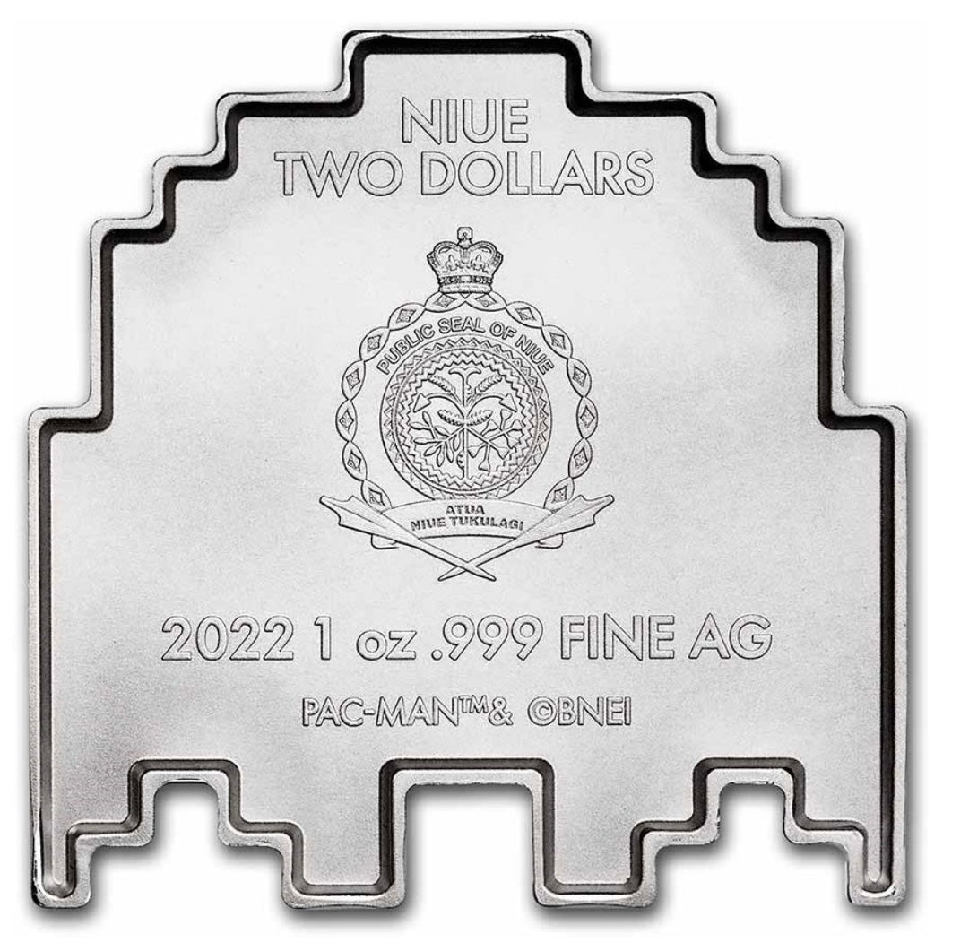 Hermosa Onza de plata de Ley .999 $2 DOLLARS-Curso Legal en Forma de Fantasma 👻 de PAC MAN - País de Origen NIUE 🇳🇺