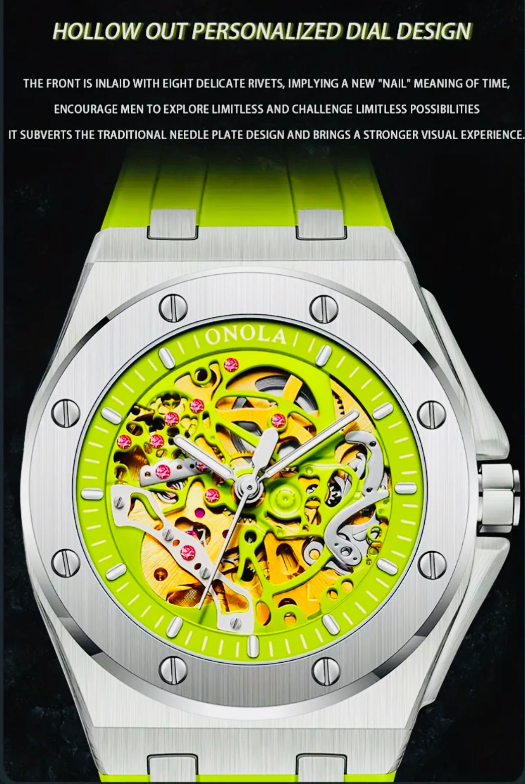 Hermoso Reloj Mecánico Automático de Lujo - Skeleton , Luminoso, Correa de Silicona 💯% Original Gran Calidad con Excelente Maqinaria y Materiales! Disponible en Negro y Dorado- Verde Amarillo Limón- Azul -Blanco