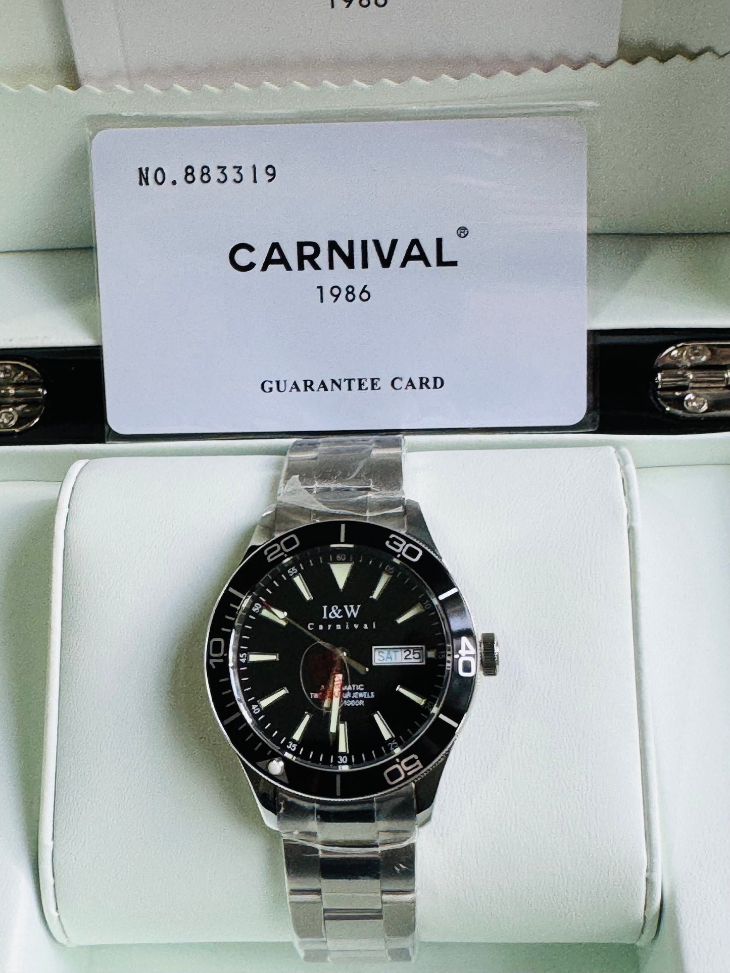 HERMOSO RELOJ AUTOMÁTICO MECÁNICO-BUCEO 1,000 FT-FECHADOR-DÍA SEMANA-CRISTAL ZAFIRO-24 JOYAS 💎-3 ATM -💯% ORIGINAL