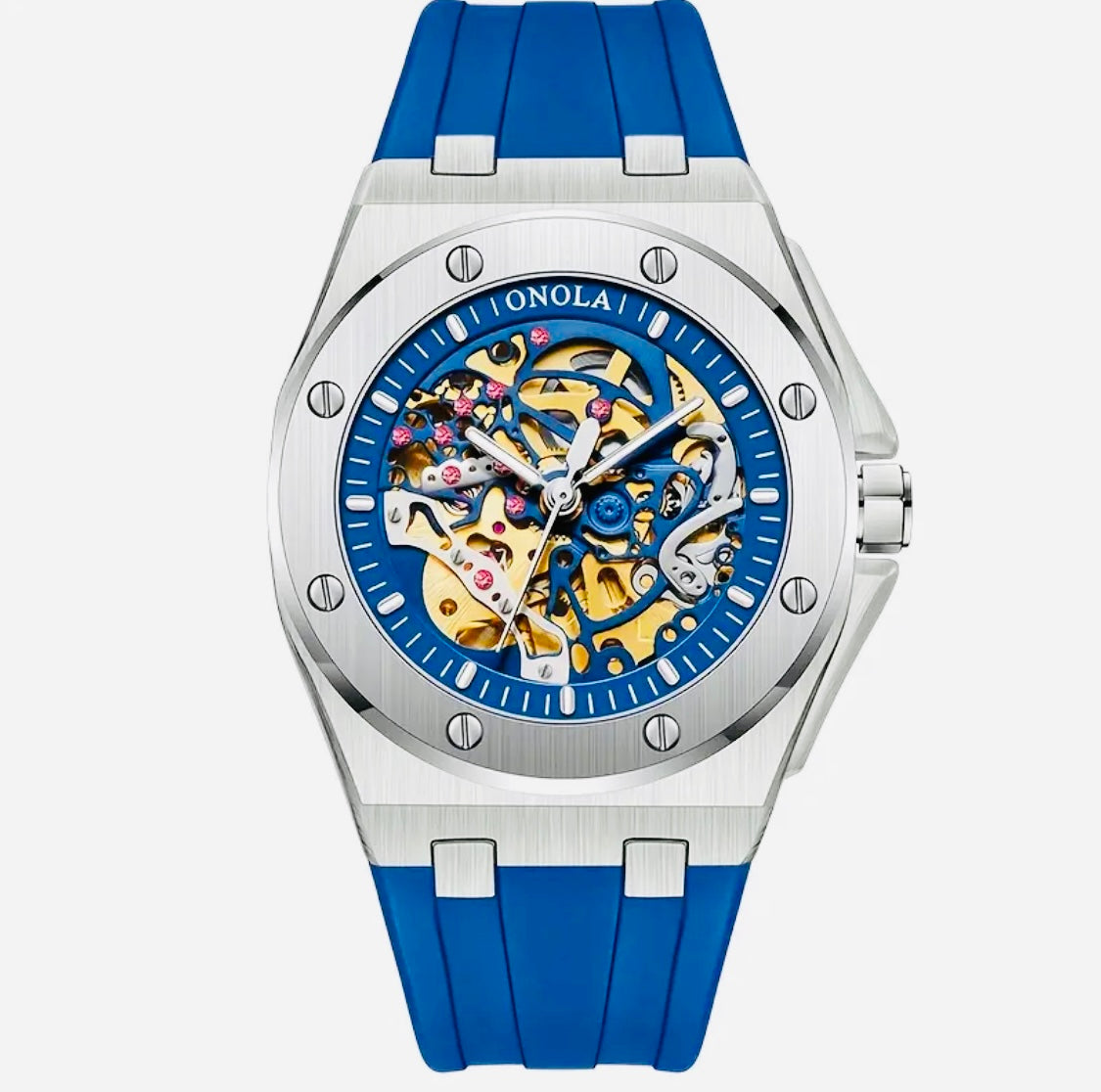 Hermoso Reloj Mecánico Automático de Lujo - Skeleton , Luminoso, Correa de Silicona 💯% Original Gran Calidad con Excelente Maqinaria y Materiales! Disponible en Negro y Dorado- Verde Amarillo Limón- Azul -Blanco