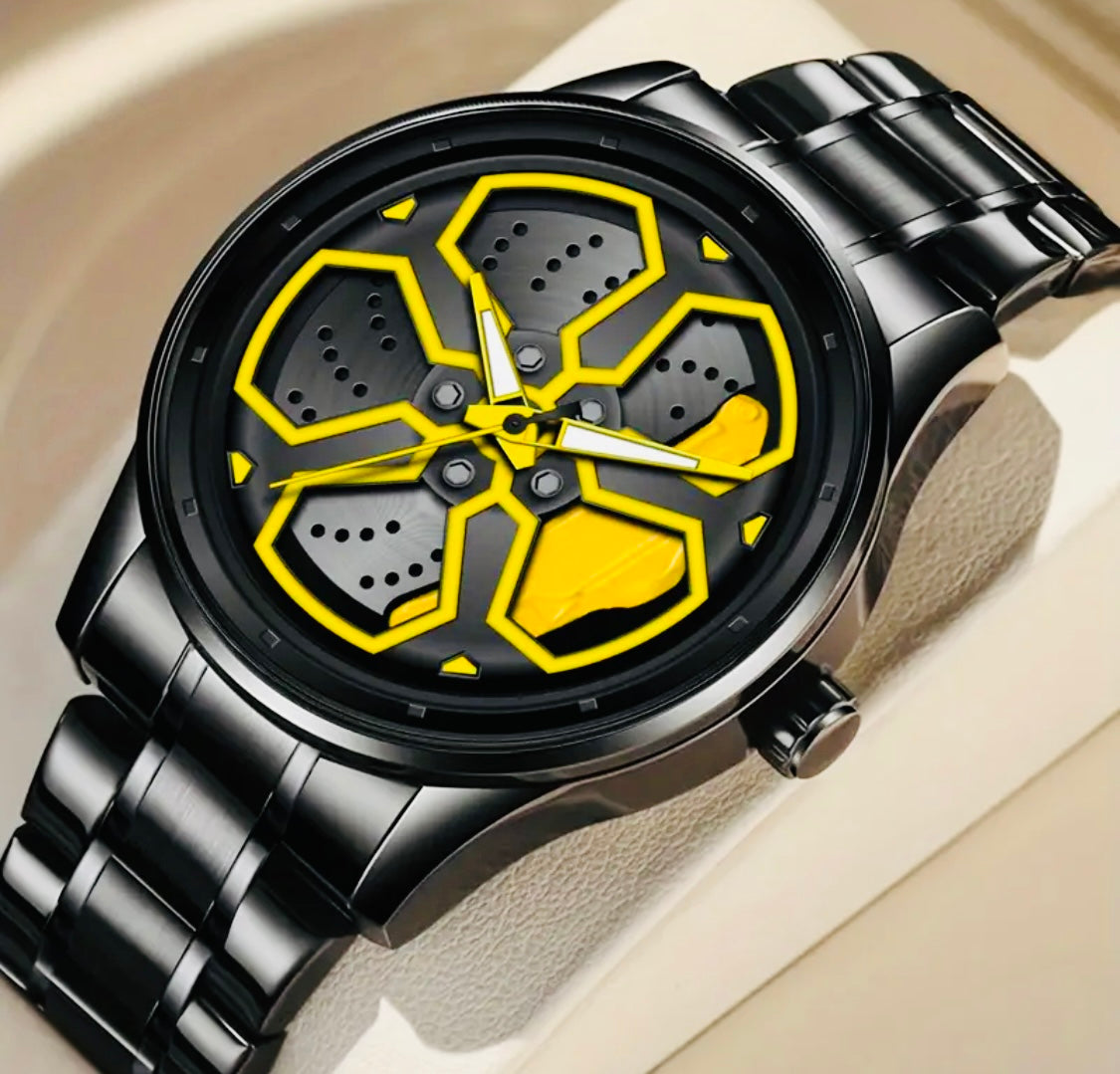 Reloj de Rin Giratorio Acero Inoxidable Movimiento de Cuarzo Disponible en Rojo-Amarillo y Negro