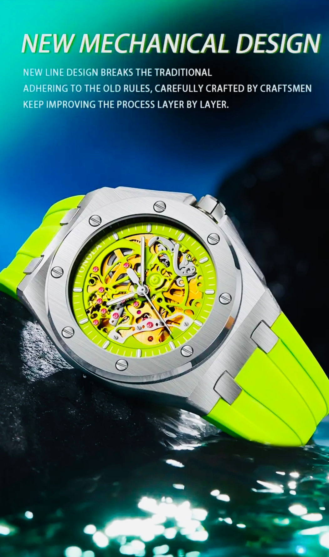Hermoso Reloj Mecánico Automático de Lujo - Skeleton , Luminoso, Correa de Silicona 💯% Original Gran Calidad con Excelente Maqinaria y Materiales! Disponible en Negro y Dorado- Verde Amarillo Limón- Azul -Blanco