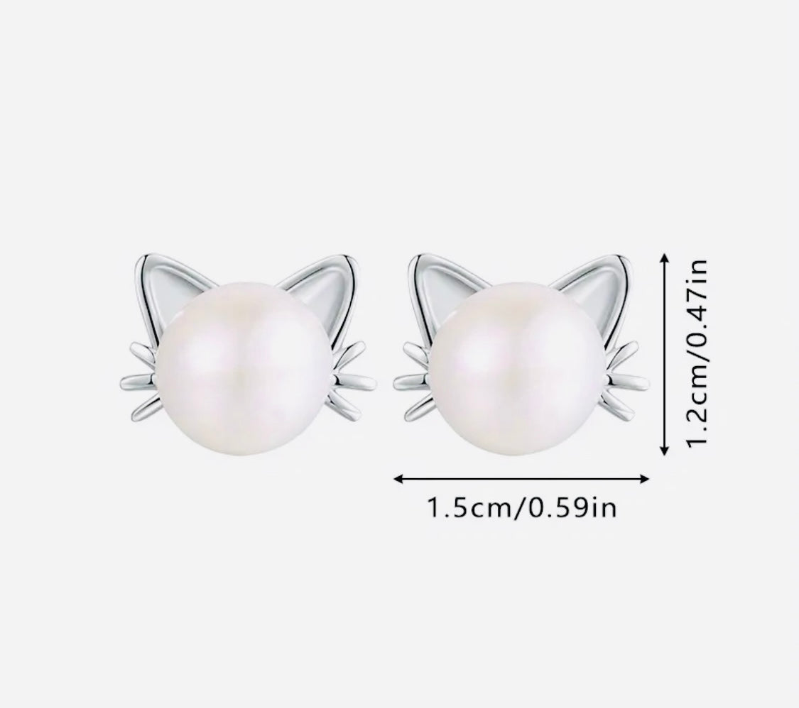 Lindos Aretes de Michi 🐈‍⬛ para mujer, Elegantes Aretes de Perlas de Imitación, chapados en aleación K blanca, aguja hipoalergénica, ideales para fiestas y regalos.