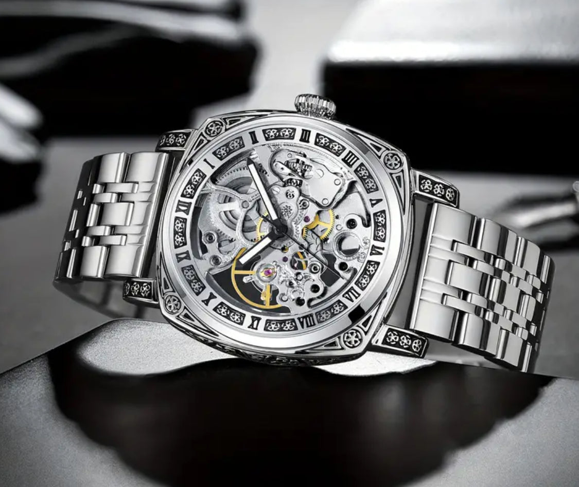 Intrincado Diseño Grabado Reloj Automático Mecánico Skeleton de Alta Calidad Exquisitos Acabados