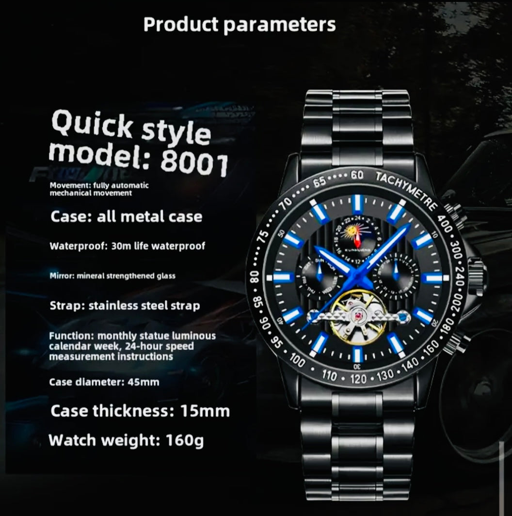IMPACTANTE DISEÑO!!! RELOJ AUTOMÁTICO MECÁNICO MÚLTIPLES COMPLICACIONES!!! CALENDARIO-FECHADOR-DÍA DE LA SEMANA-50 METROS-DÍA DEL MES-LUMINOSO- DIAL DE VELOCIDAD-ETCÉTERA