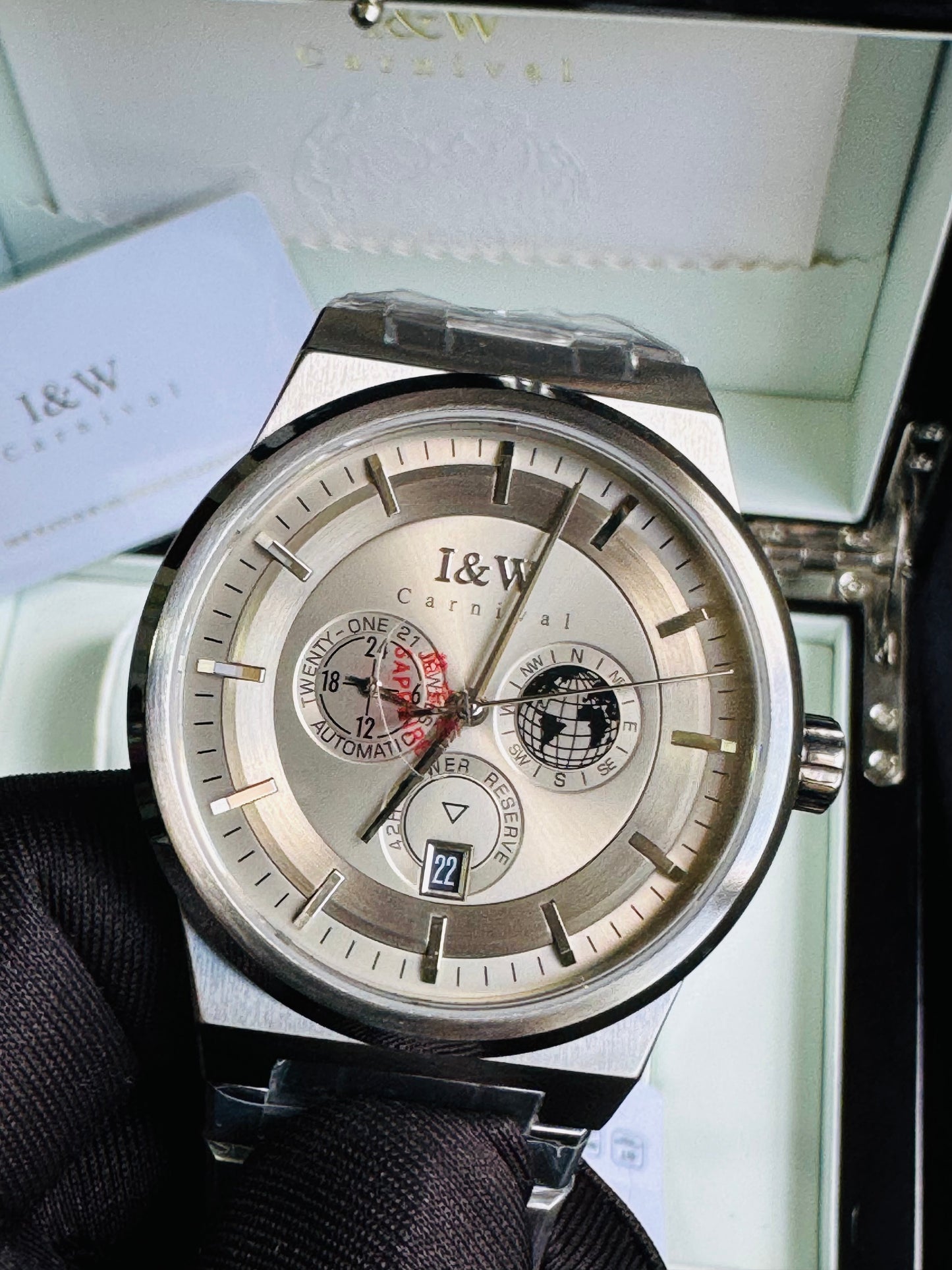 HERMOSO HE INTRINCADO DISEÑO!!!RELOJ I&W AUTOMATICO MECÁNICO-CALENDARIO -42 HORAS DE RESERVA DE CARGA-FECHADOR-DIAL 21 JOYAS 💎 RESISTENTE AL AGUA- ALTA CALIDAD!!! 💯% ORIGINAL