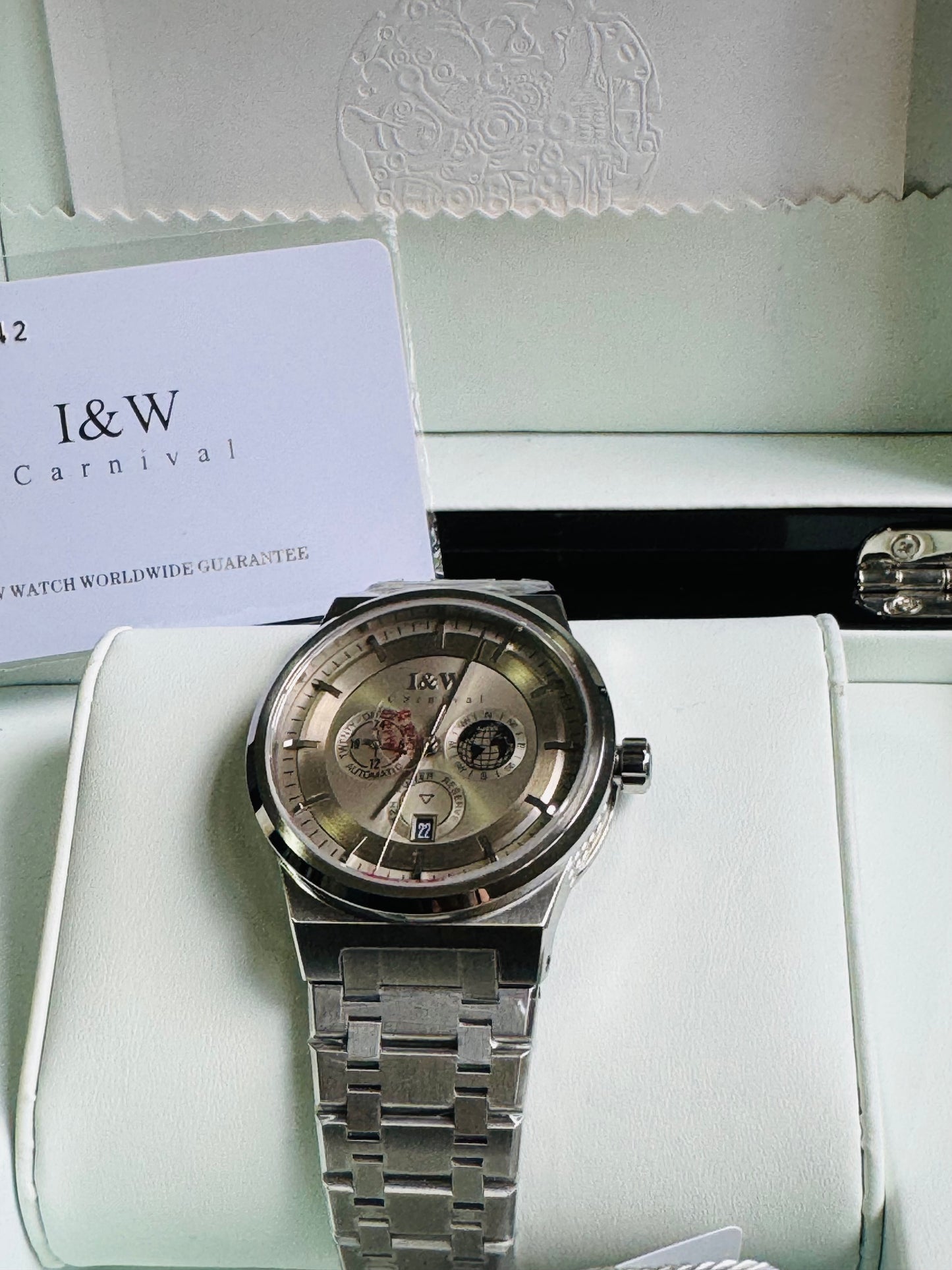 HERMOSO HE INTRINCADO DISEÑO!!!RELOJ I&W AUTOMATICO MECÁNICO-CALENDARIO -42 HORAS DE RESERVA DE CARGA-FECHADOR-DIAL 21 JOYAS 💎 RESISTENTE AL AGUA- ALTA CALIDAD!!! 💯% ORIGINAL