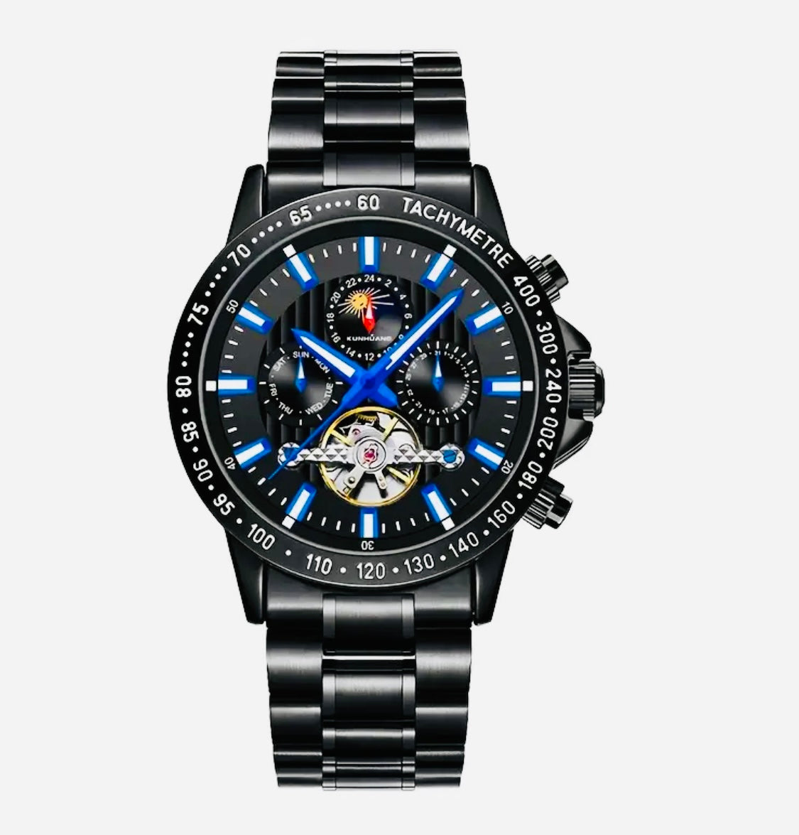 IMPACTANTE DISEÑO!!! RELOJ AUTOMÁTICO MECÁNICO MÚLTIPLES COMPLICACIONES!!! CALENDARIO-FECHADOR-DÍA DE LA SEMANA-50 METROS-DÍA DEL MES-LUMINOSO- DIAL DE VELOCIDAD-ETCÉTERA