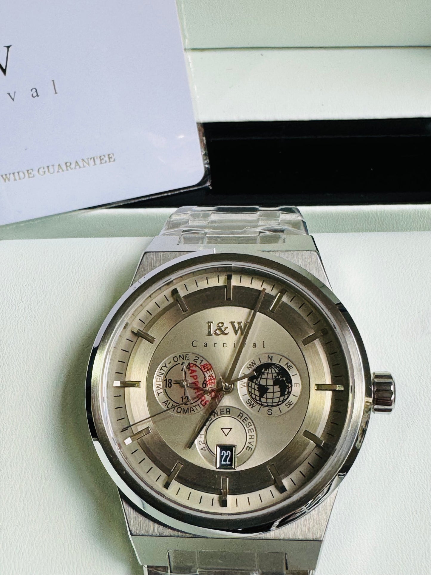 HERMOSO HE INTRINCADO DISEÑO!!!RELOJ I&W AUTOMATICO MECÁNICO-CALENDARIO -42 HORAS DE RESERVA DE CARGA-FECHADOR-DIAL 21 JOYAS 💎 RESISTENTE AL AGUA- ALTA CALIDAD!!! 💯% ORIGINAL