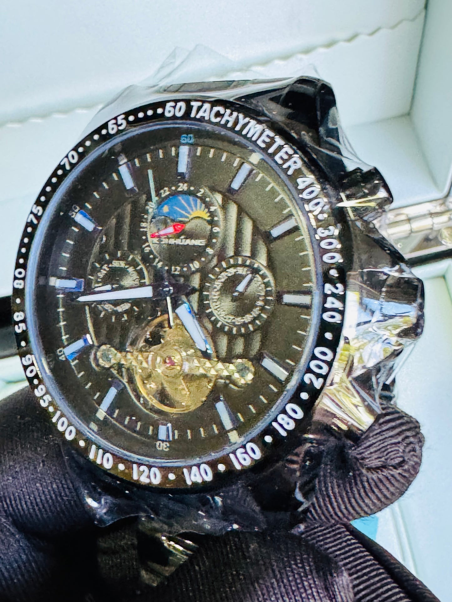 MULTINACIONAL RELOJ AUTOMÁTICO MECÁNICO-CALENDARIO 24 HRS LUNAR-TACÓMETRO-LUMINOSO-VENTANA TOURBILLON- DÍA DE LA SEMANA-CALENDARIO DIAL PEQUEÑO- ETC, ETC!