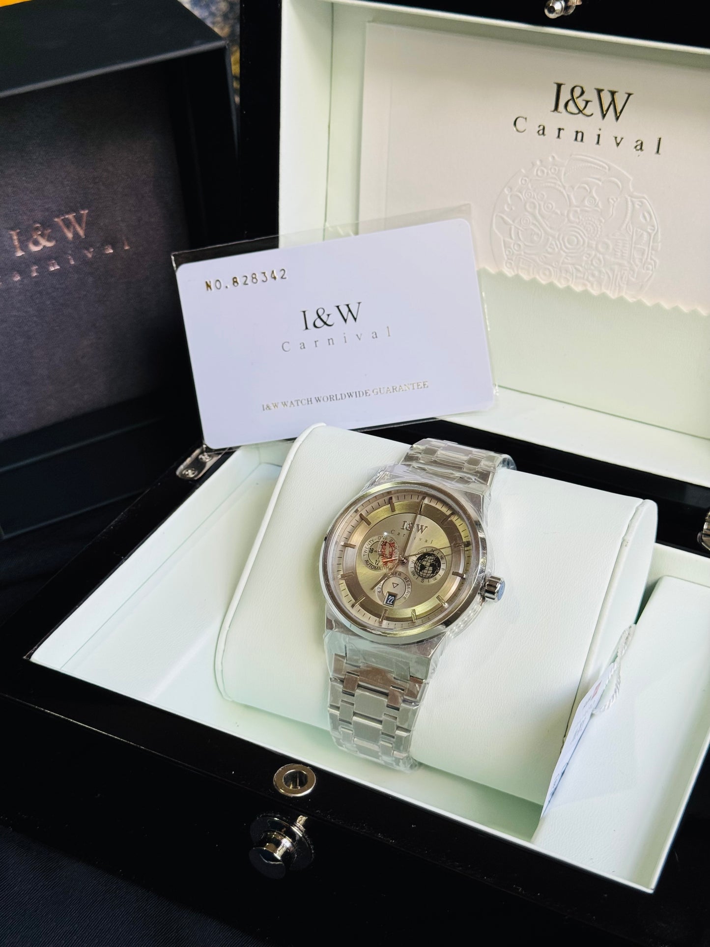 HERMOSO HE INTRINCADO DISEÑO!!!RELOJ I&W AUTOMATICO MECÁNICO-CALENDARIO -42 HORAS DE RESERVA DE CARGA-FECHADOR-DIAL 21 JOYAS 💎 RESISTENTE AL AGUA- ALTA CALIDAD!!! 💯% ORIGINAL