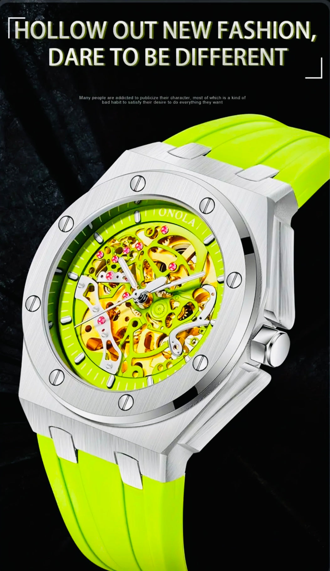Hermoso Reloj Mecánico Automático de Lujo - Skeleton , Luminoso, Correa de Silicona 💯% Original Gran Calidad con Excelente Maqinaria y Materiales! Disponible en Negro y Dorado- Verde Amarillo Limón- Azul -Blanco