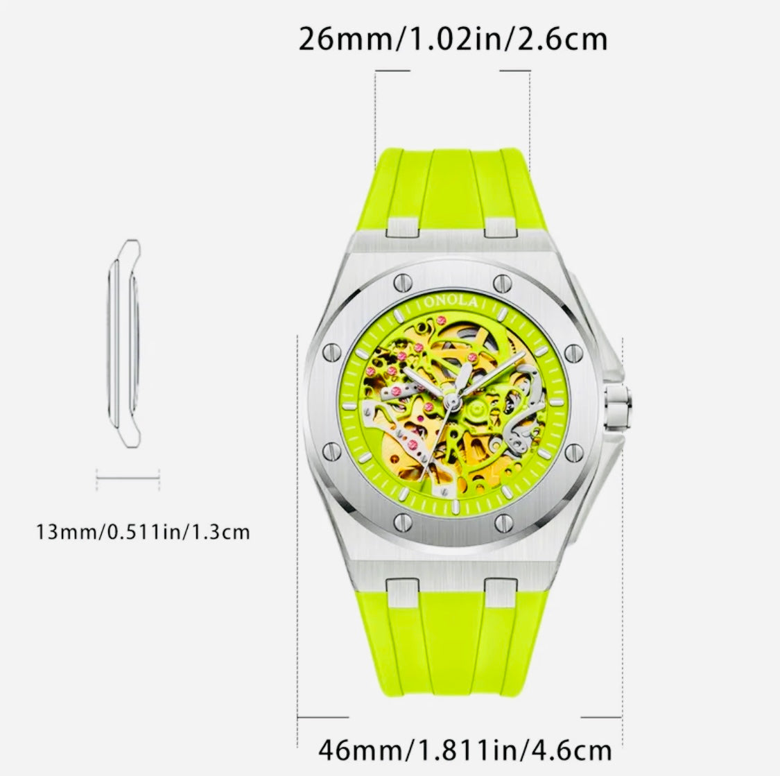 Hermoso Reloj Mecánico Automático de Lujo - Skeleton , Luminoso, Correa de Silicona 💯% Original Gran Calidad con Excelente Maqinaria y Materiales! Disponible en Negro y Dorado- Verde Amarillo Limón- Azul -Blanco