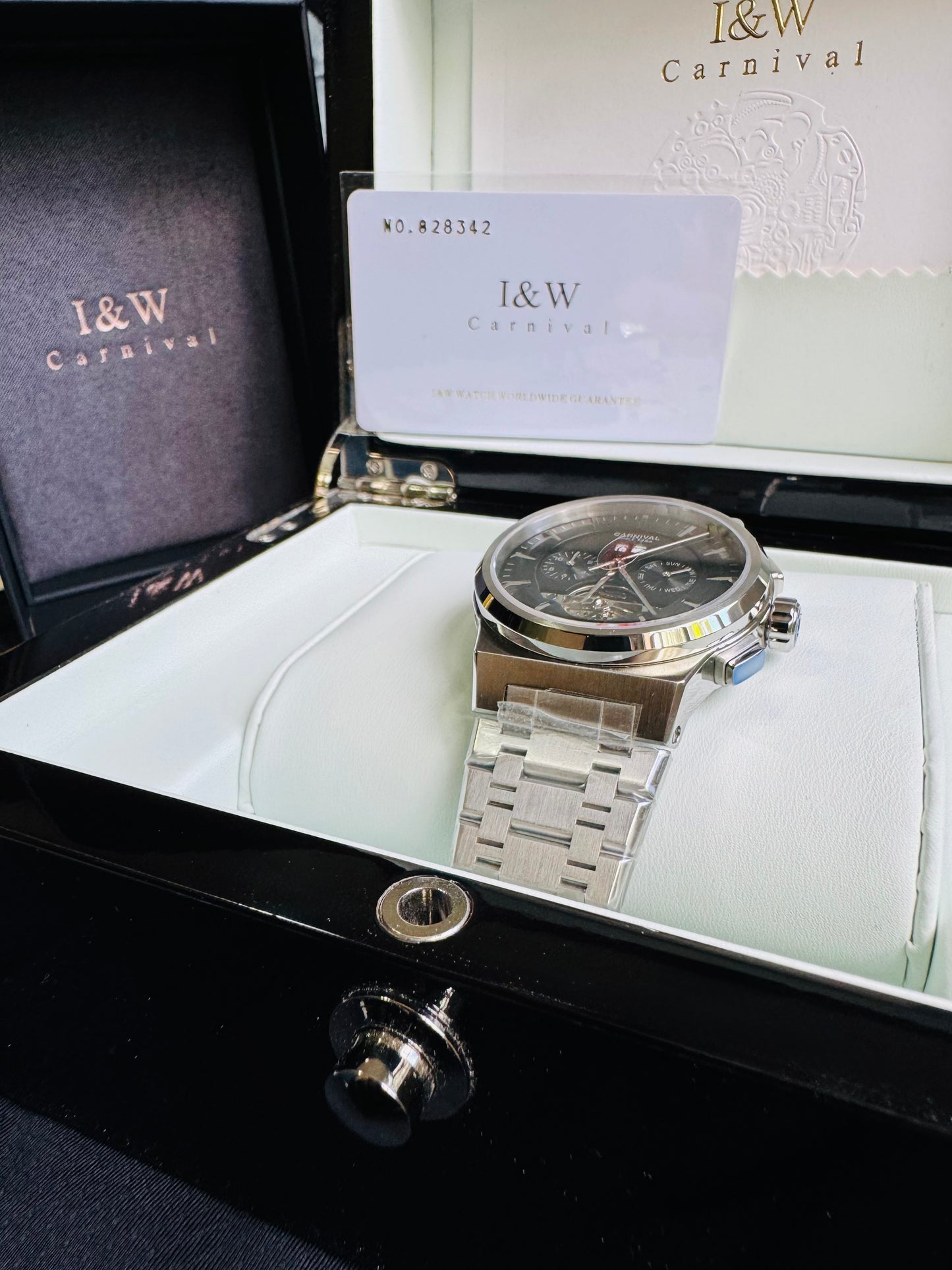 RELOJ I&W AUTOMATICO MECÁNICO-VENTANA TOURBILLON-CALENDARIO  MES-SEMANA-FECHADOR- HORAS PEQUEÑO DIAL JOYAS 💎 RESISTENTE AL AGUA- ALTA CALIDAD!!! 💯% ORIGINAL