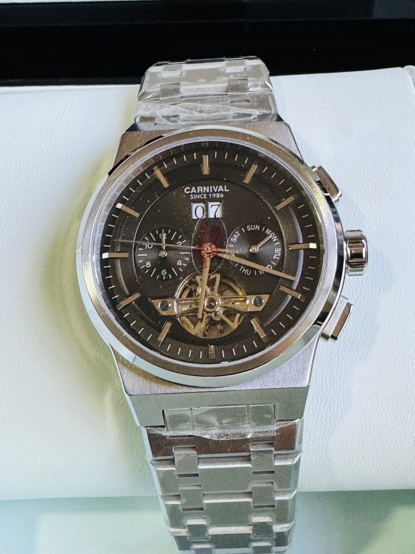 RELOJ I&W AUTOMATICO MECÁNICO-VENTANA TOURBILLON-CALENDARIO  MES-SEMANA-FECHADOR- HORAS PEQUEÑO DIAL JOYAS 💎 RESISTENTE AL AGUA- ALTA CALIDAD!!! 💯% ORIGINAL