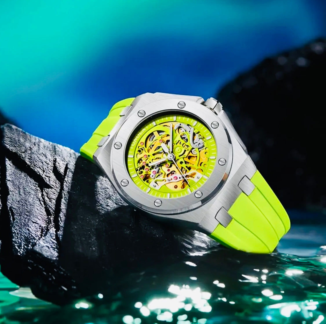 Hermoso Reloj Mecánico Automático de Lujo - Skeleton , Luminoso, Correa de Silicona 💯% Original Gran Calidad con Excelente Maqinaria y Materiales! Disponible en Negro y Dorado- Verde Amarillo Limón- Azul -Blanco
