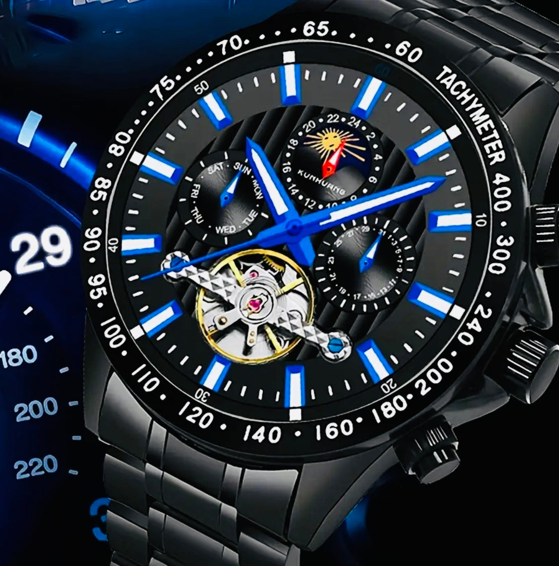 IMPACTANTE DISEÑO!!! RELOJ AUTOMÁTICO MECÁNICO MÚLTIPLES COMPLICACIONES!!! CALENDARIO-FECHADOR-DÍA DE LA SEMANA-50 METROS-DÍA DEL MES-LUMINOSO- DIAL DE VELOCIDAD-ETCÉTERA