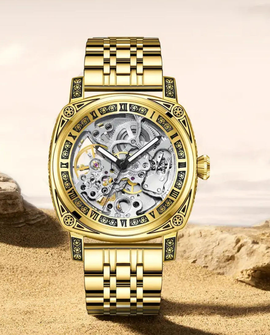 Intrincado Diseño Grabado Reloj Automático Mecánico Skeleton de Alta Calidad Exquisitos Acabados