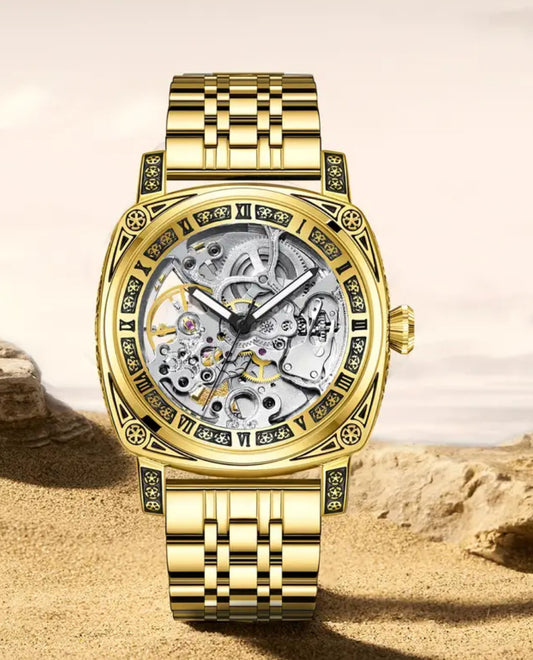 Intrincado Diseño Grabado Reloj Automático Mecánico Skeleton de Alta Calidad Exquisitos Acabados