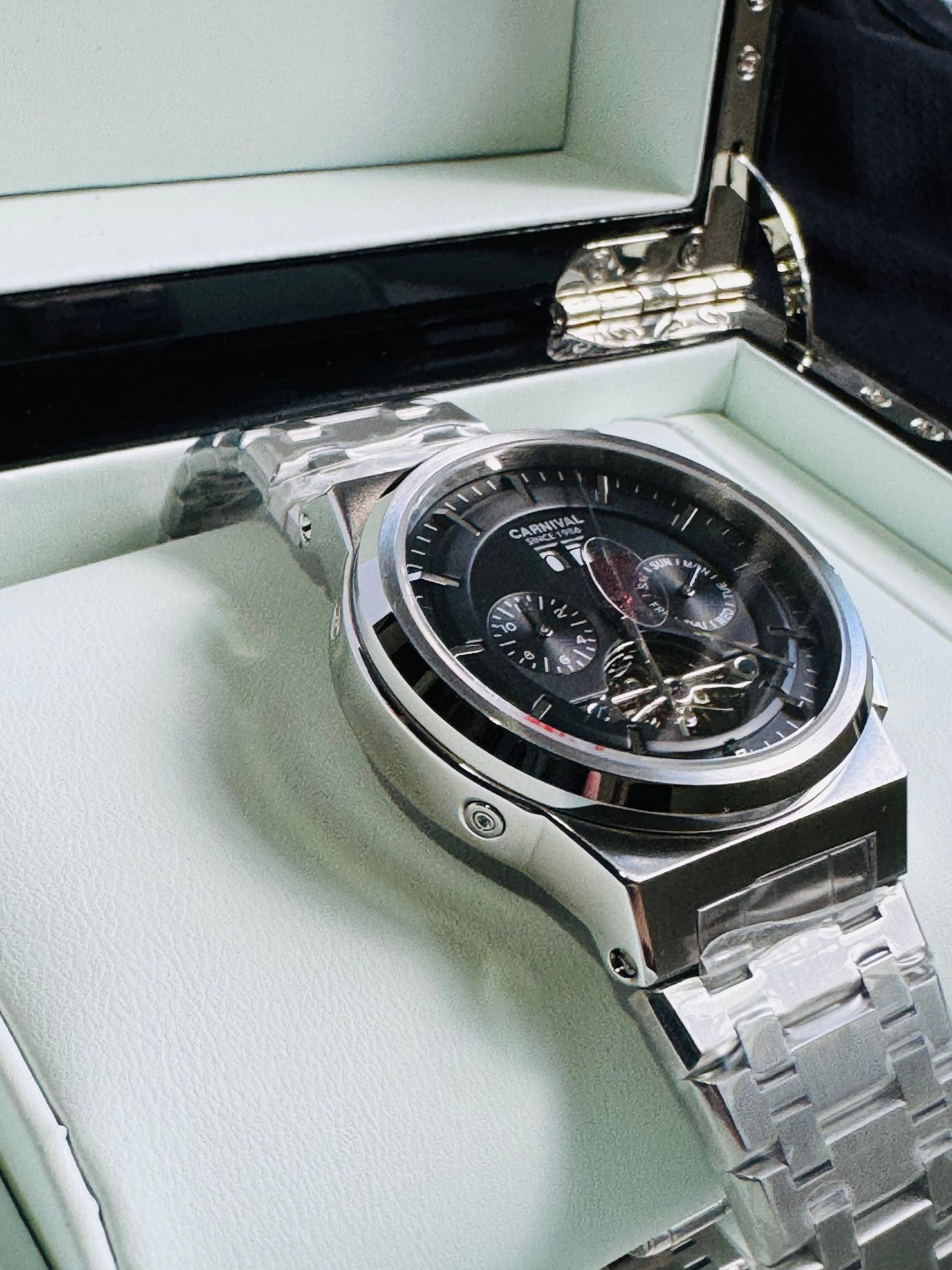 RELOJ I&W AUTOMATICO MECÁNICO-VENTANA TOURBILLON-CALENDARIO  MES-SEMANA-FECHADOR- HORAS PEQUEÑO DIAL JOYAS 💎 RESISTENTE AL AGUA- ALTA CALIDAD!!! 💯% ORIGINAL
