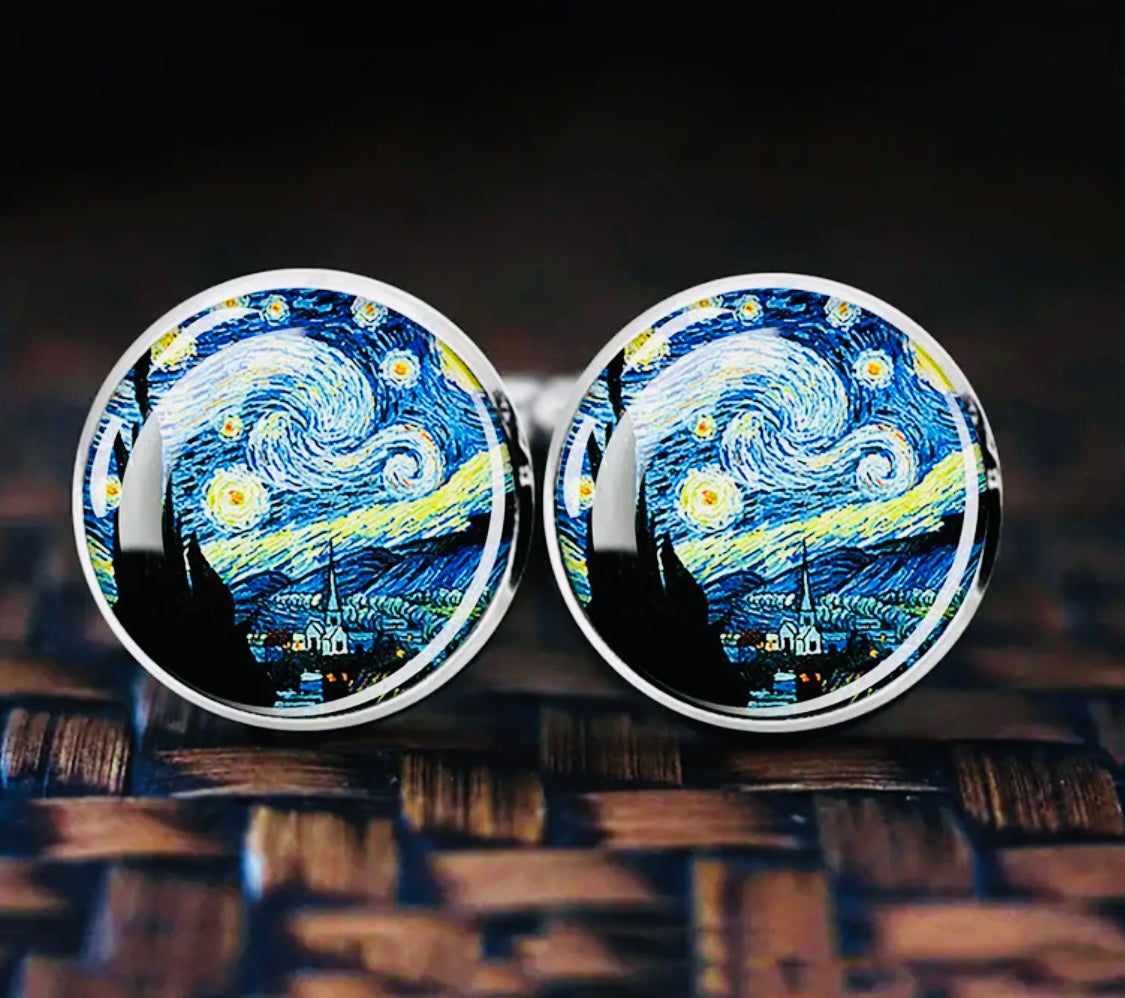 Elegantes Mancuernillas Aleación Acero- Tema Noche estrellada 
Pintura de Vincent van Gogh 💯% Originales