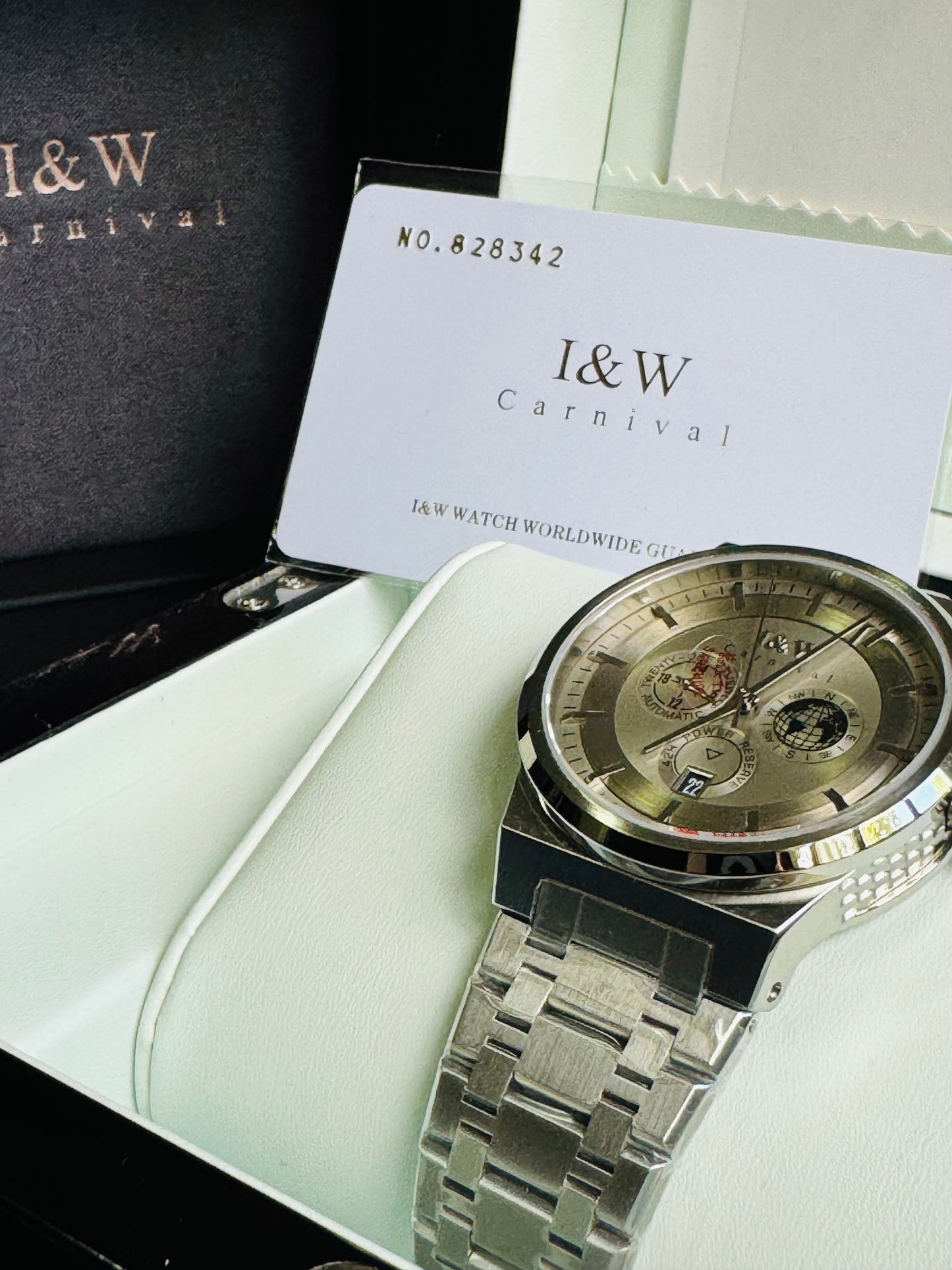 HERMOSO HE INTRINCADO DISEÑO!!!RELOJ I&W AUTOMATICO MECÁNICO-CALENDARIO -42 HORAS DE RESERVA DE CARGA-FECHADOR-DIAL 21 JOYAS 💎 RESISTENTE AL AGUA- ALTA CALIDAD!!! 💯% ORIGINAL
