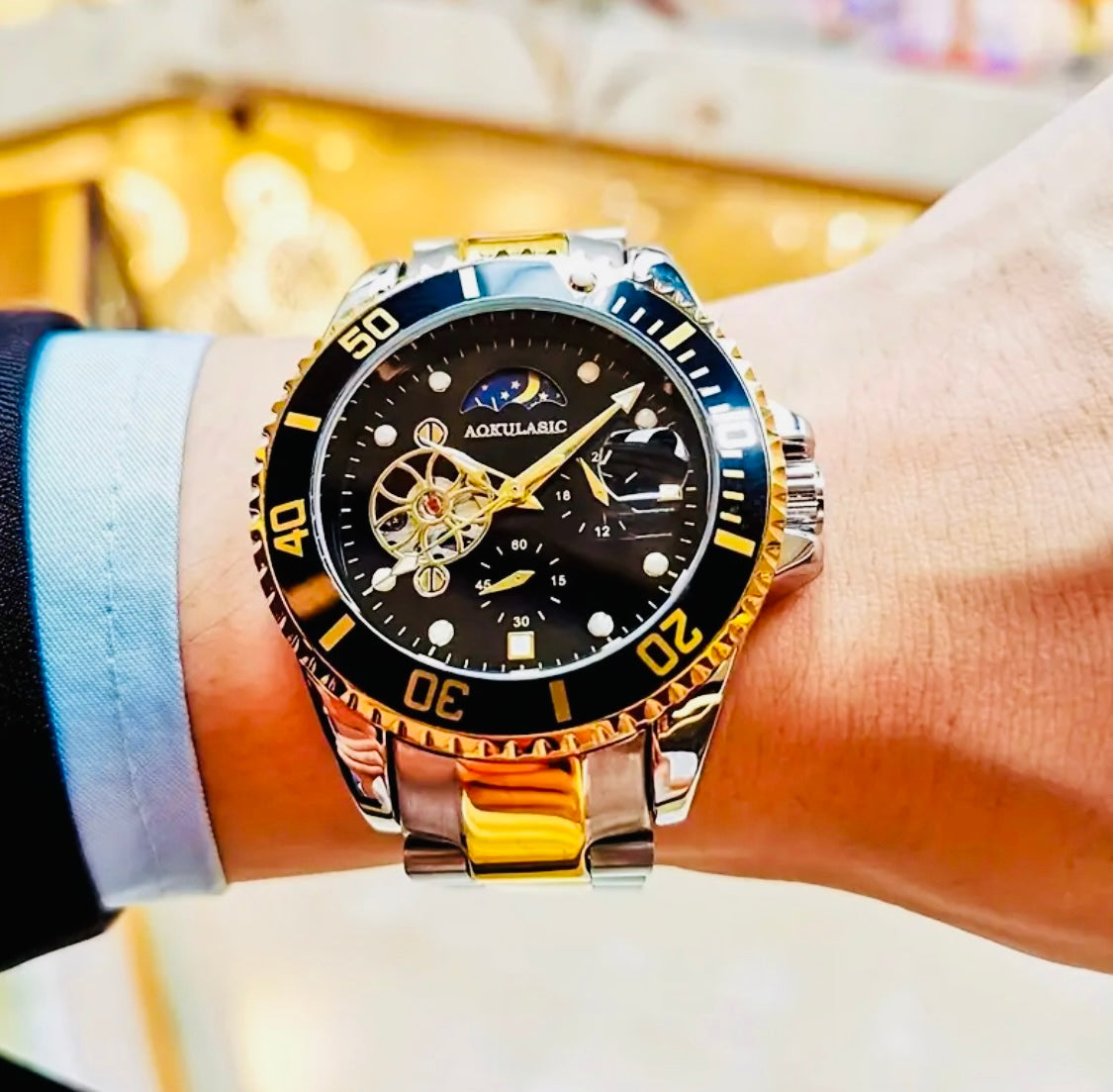 Reloj Mecánico Automático de Lujo para Hombre, Esfera Redonda, Correa de Acero Inoxidable, Resistente al Agua 30 m, Movimiento de Cuerda Automática, Caja de Aleación, Visualización de Puntero, Reloj de Pulsera de Marca Geni