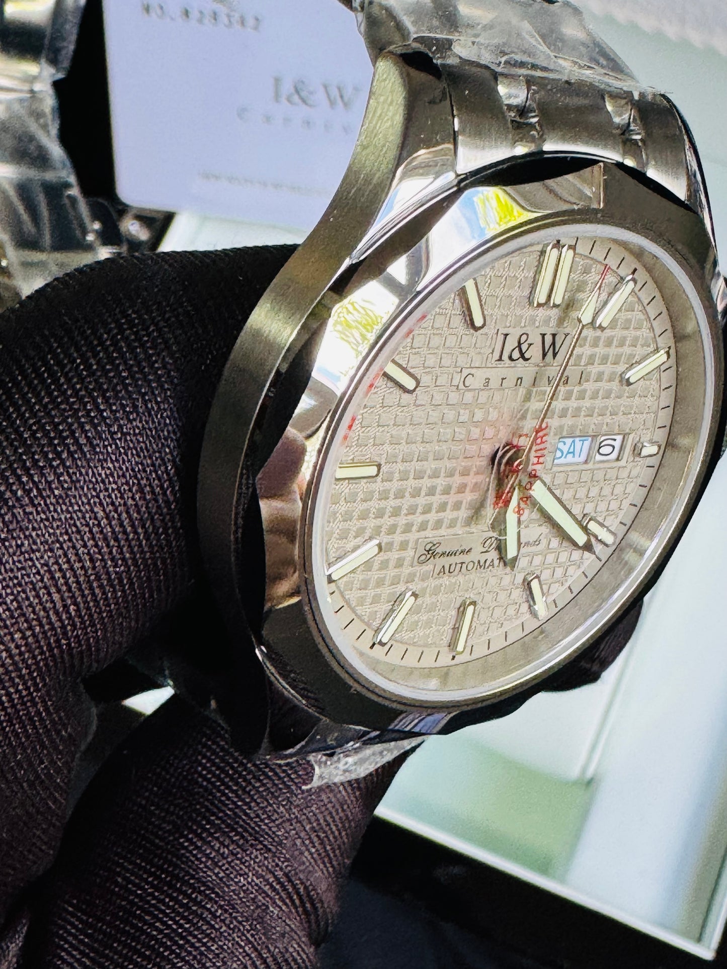 HERMOSO y ELEGANTE DISEÑO I&W AUTOMATICO- CRISTAL ZAFIRO-LUMINOSO-FECHADOR-DÍA DE LA SEMANA 💯% ORIGINAL