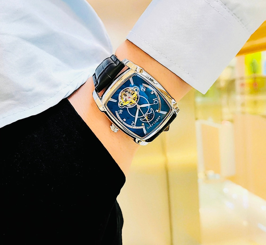 Elegante Reloj Automático Mecánico Tourbillon pulsera resistente al agua con mecanismo automático de movimiento, complemento mecánico Rectangular Carátula luminosa