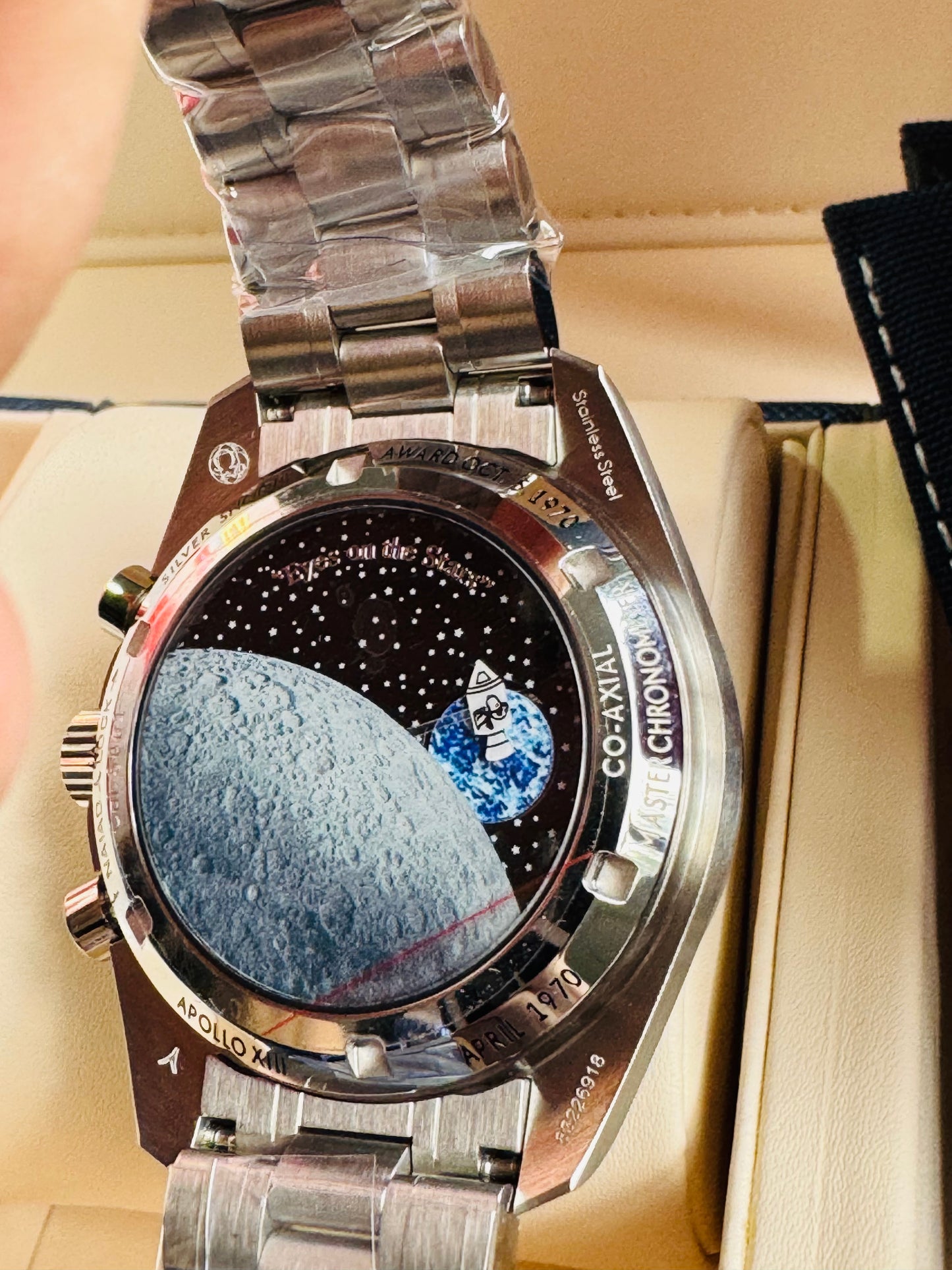MÁXIMO LUJO!!! ESPECTACULAR DISEÑO OMEGA APOLLO XIlI- AUTOMÁTICO MECÁNICO-SPEED MASTER-PROFESSIONAL-EYES ON THE STARS- ORIGINAL MOVIMIENTO MECÁNICO TIERRA Y CÁPSULA ESPACIAL SNOOPY APOLLO XIII