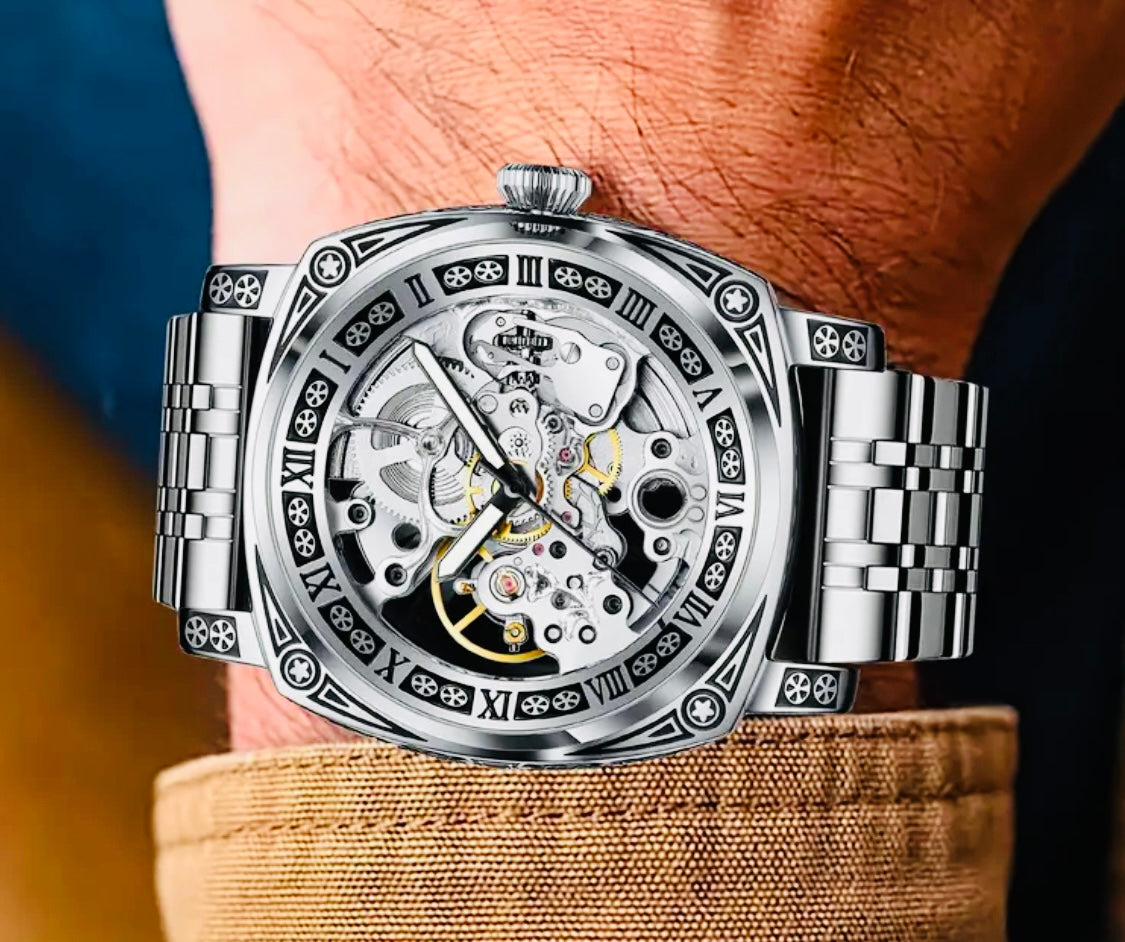 Hermoso Reloj Automático Mecánico Skeleton Grabado- Pulso de Acero Inoxidable-Impermeable Excelente Calidad! Maquinaria Corre muy Suave! 💯% Original