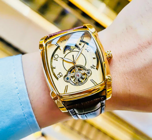 Elegante Reloj Automático Mecánico Tourbillon pulsera resistente al agua con mecanismo automático de movimiento, complemento mecánico Rectangular Carátula luminosa