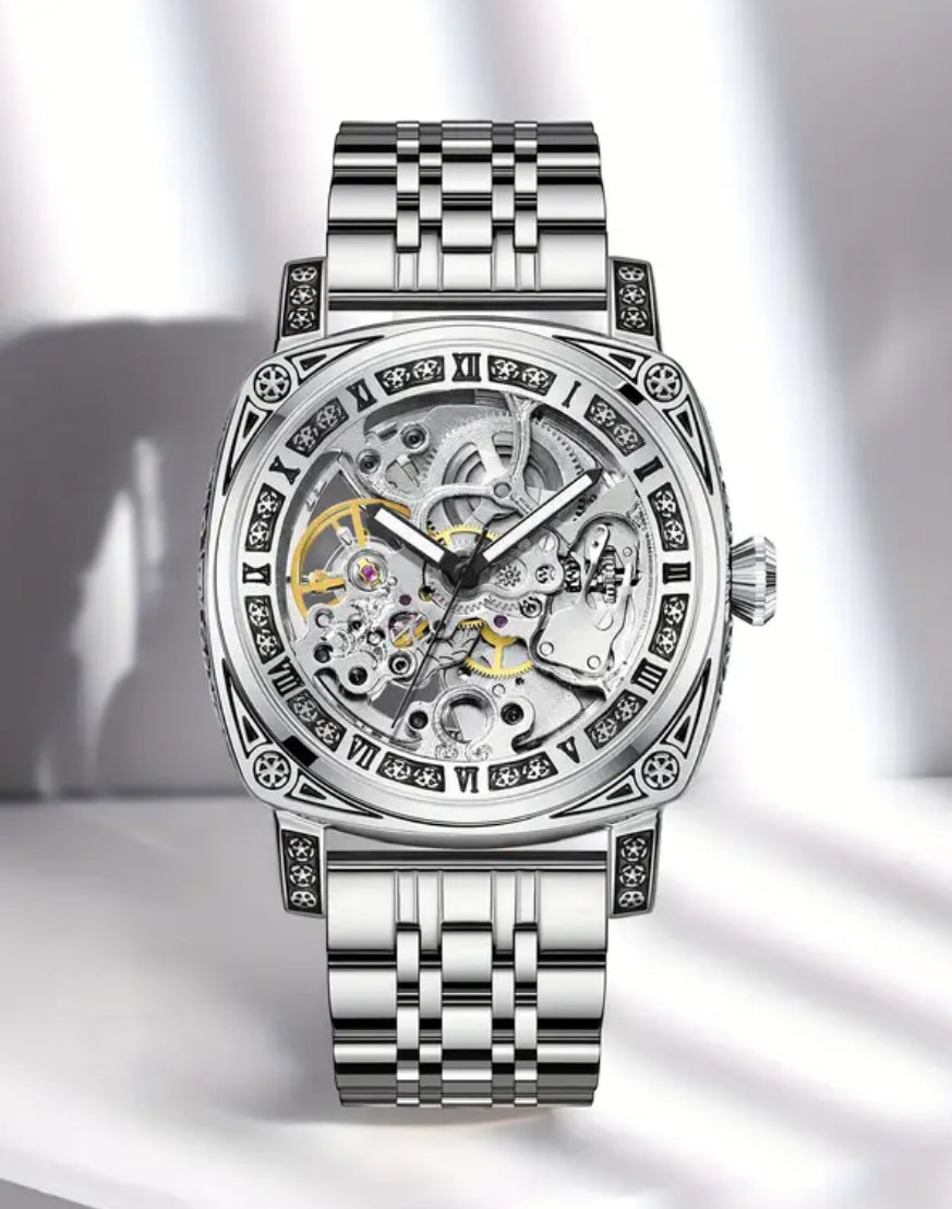 Intrincado Diseño Grabado Reloj Automático Mecánico Skeleton de Alta Calidad Exquisitos Acabados