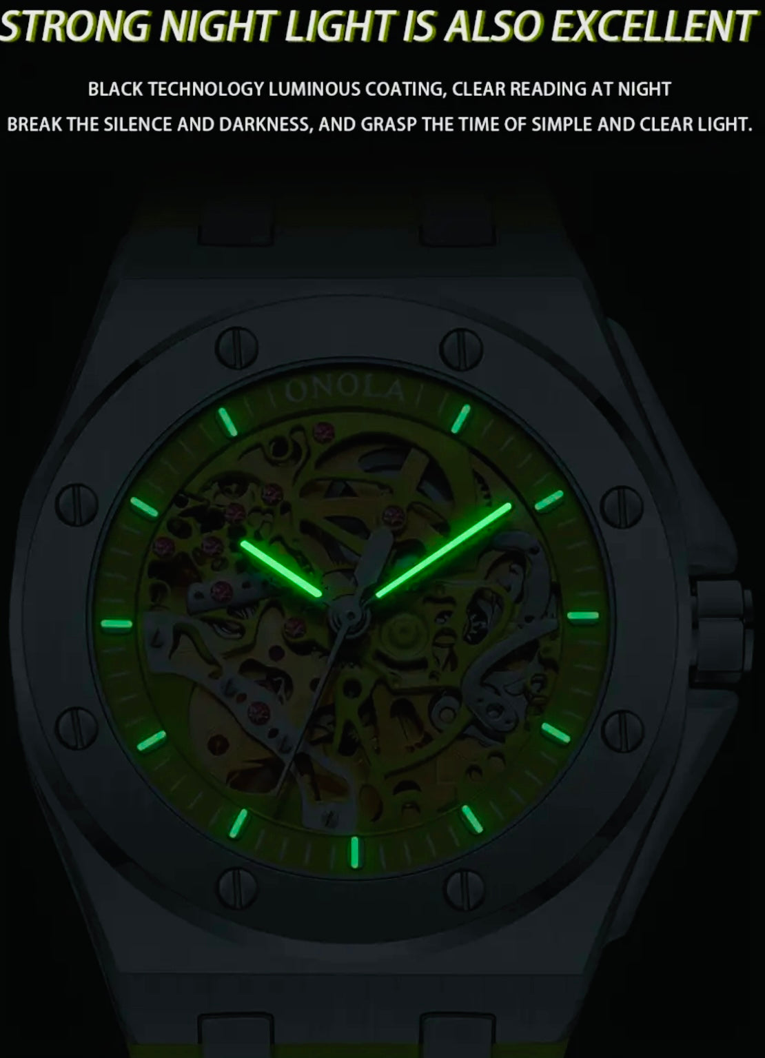 Hermoso Reloj Mecánico Automático de Lujo - Skeleton , Luminoso, Correa de Silicona 💯% Original Gran Calidad con Excelente Maqinaria y Materiales! Disponible en Negro y Dorado- Verde Amarillo Limón- Azul -Blanco