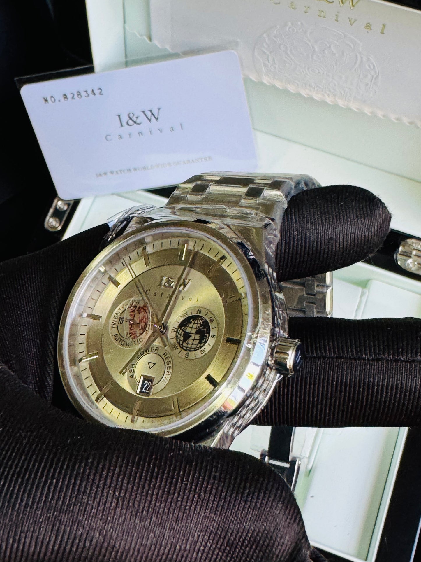HERMOSO HE INTRINCADO DISEÑO!!!RELOJ I&W AUTOMATICO MECÁNICO-CALENDARIO -42 HORAS DE RESERVA DE CARGA-FECHADOR-DIAL 21 JOYAS 💎 RESISTENTE AL AGUA- ALTA CALIDAD!!! 💯% ORIGINAL