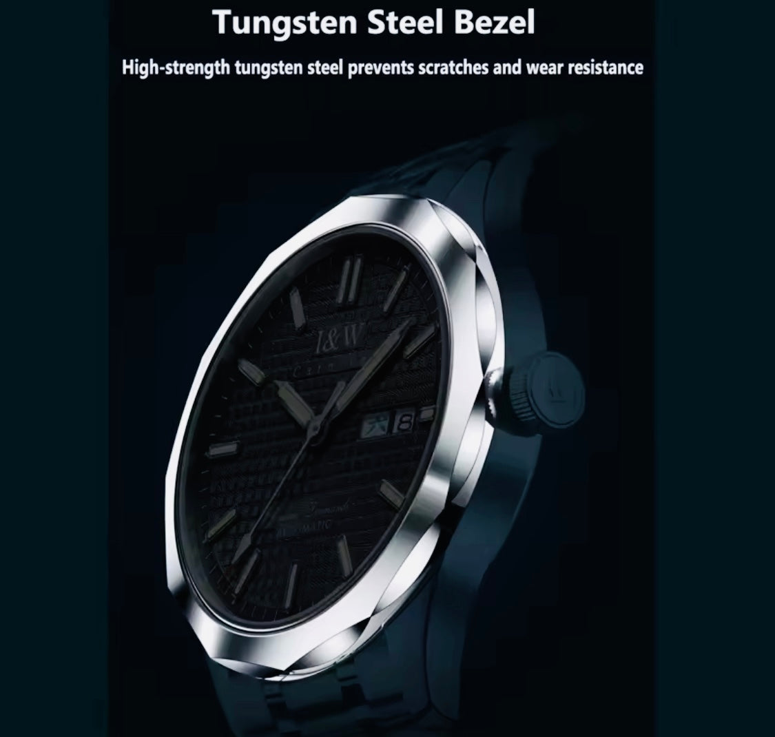 IMPRESIONANTE RELOJ AUTOMÁTICO MECÁNICO I&W - TUNGSTENO-24 JOYAS 💎-FECHADOR-CRYSTAL ZAFIRO-MOVIMIENTO SUIZO- 💯% ORIGINAL