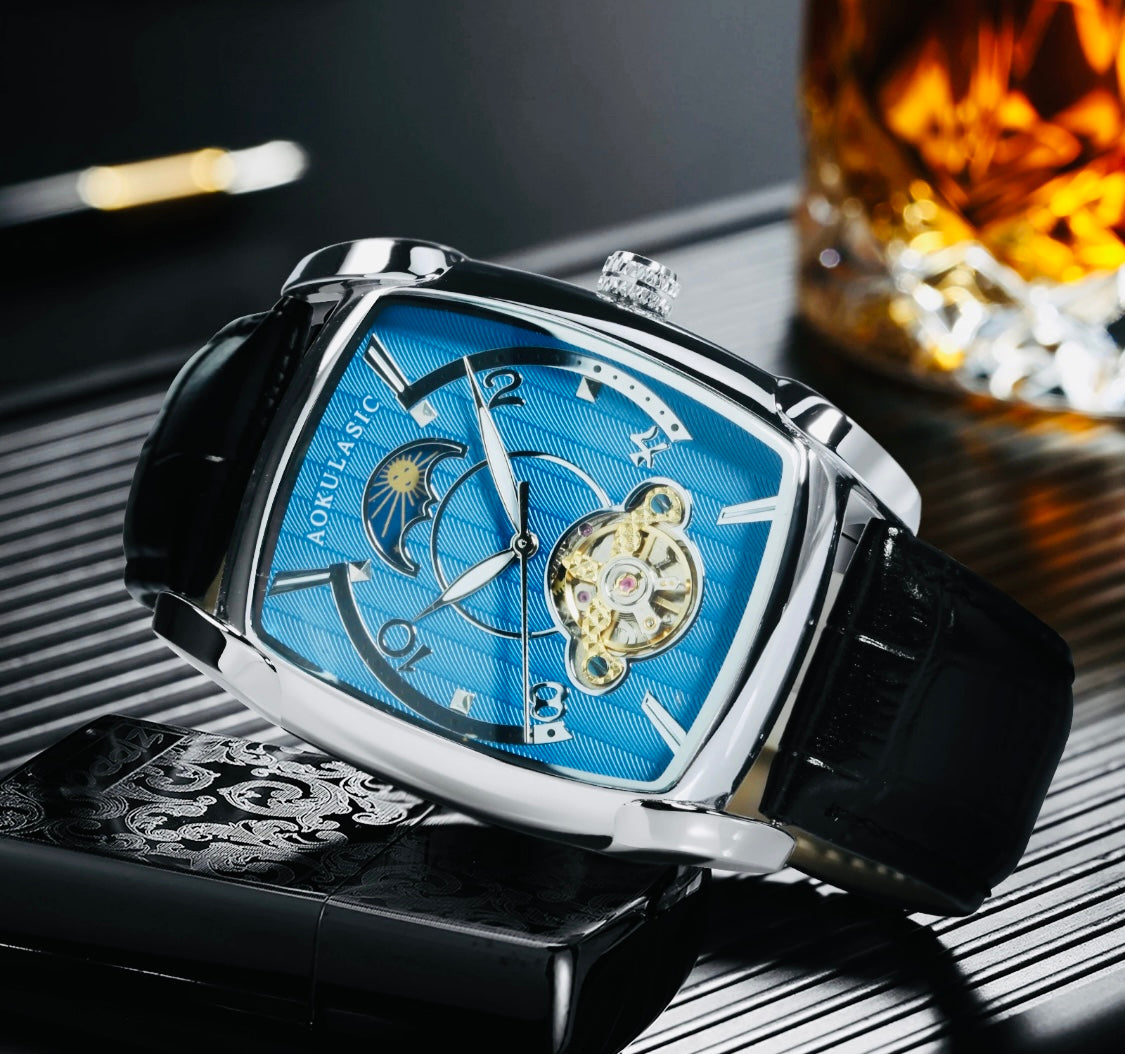 Elegante Reloj Automático Mecánico Tourbillon pulsera resistente al agua con mecanismo automático de movimiento, complemento mecánico Rectangular Carátula luminosa