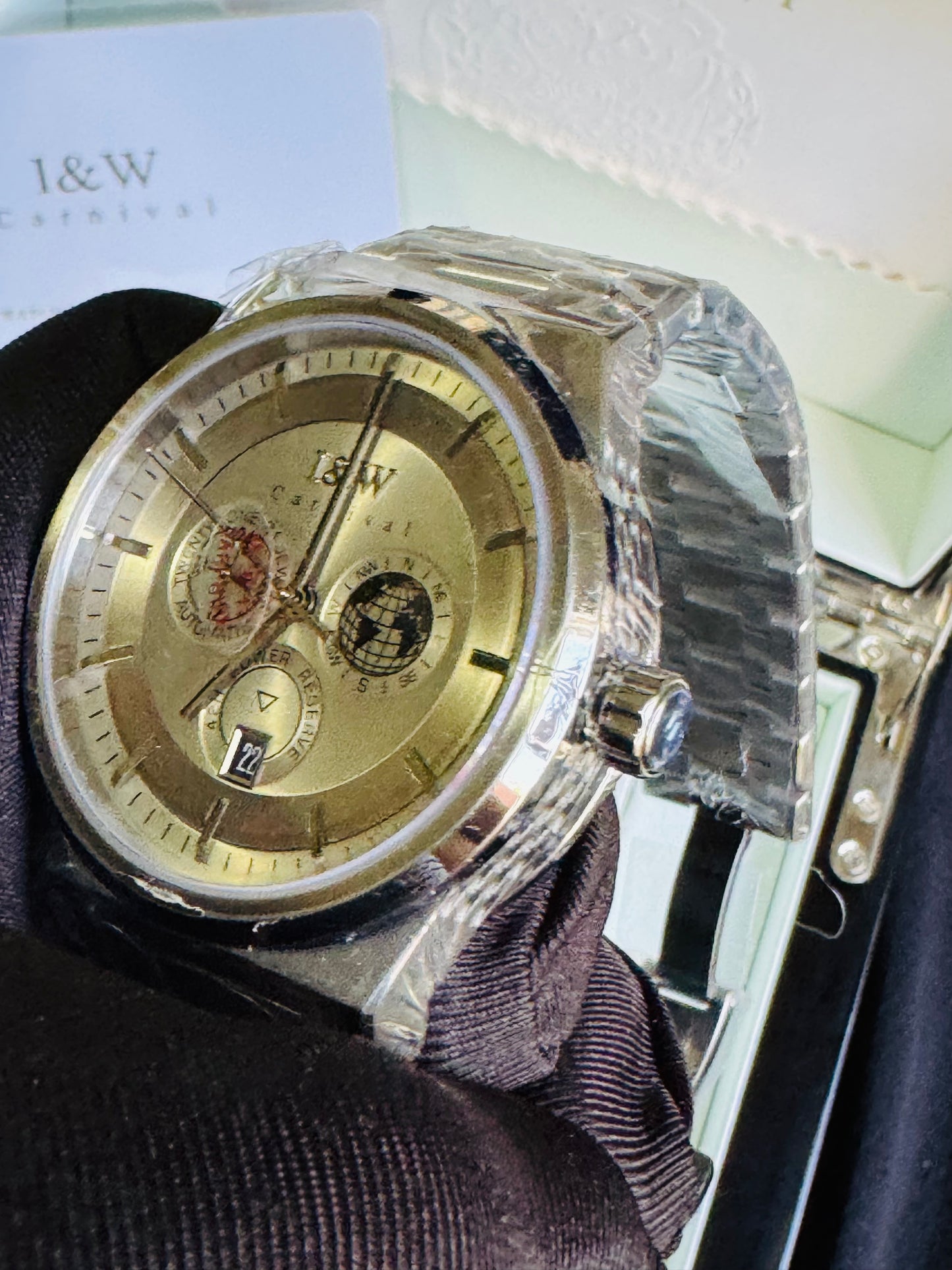 HERMOSO HE INTRINCADO DISEÑO!!!RELOJ I&W AUTOMATICO MECÁNICO-CALENDARIO -42 HORAS DE RESERVA DE CARGA-FECHADOR-DIAL 21 JOYAS 💎 RESISTENTE AL AGUA- ALTA CALIDAD!!! 💯% ORIGINAL