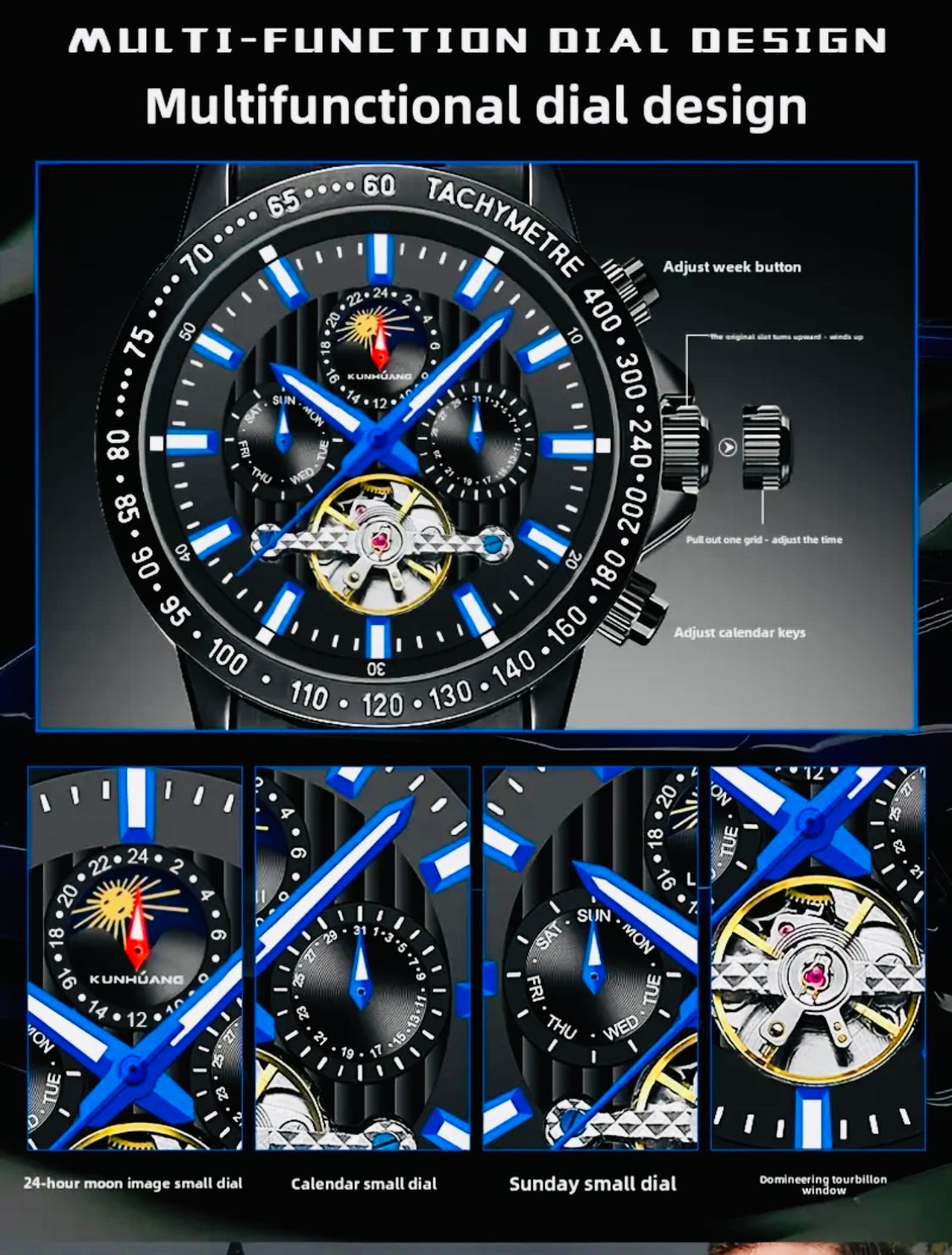 IMPACTANTE DISEÑO!!! RELOJ AUTOMÁTICO MECÁNICO MÚLTIPLES COMPLICACIONES!!! CALENDARIO-FECHADOR-DÍA DE LA SEMANA-50 METROS-DÍA DEL MES-LUMINOSO- DIAL DE VELOCIDAD-ETCÉTERA