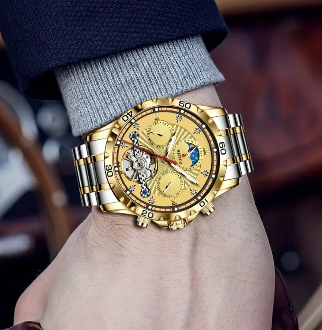 Elegante Y Sofisticado Reloj Automático Mecánico-Tourbillon -Multifuncional- Fechador-Display de Día y Noche-Día de la semana-Luminoso- Cristal Mineral Reforzado Antirrallones- Etcétera