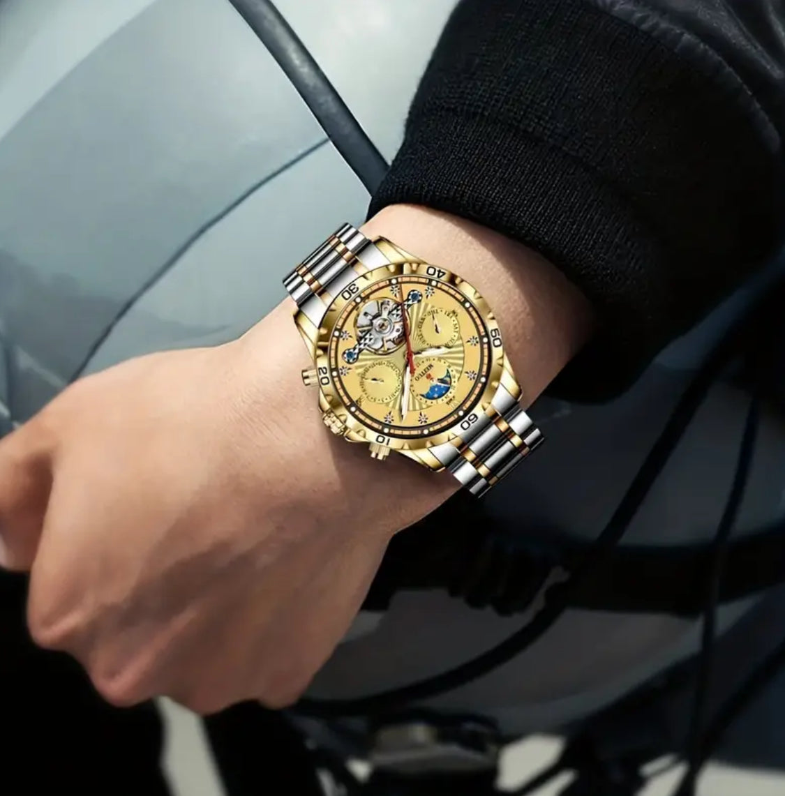 Elegante Y Sofisticado Reloj Automático Mecánico-Tourbillon -Multifuncional- Fechador-Display de Día y Noche-Día de la semana-Luminoso- Cristal Mineral Reforzado Antirrallones- Etcétera