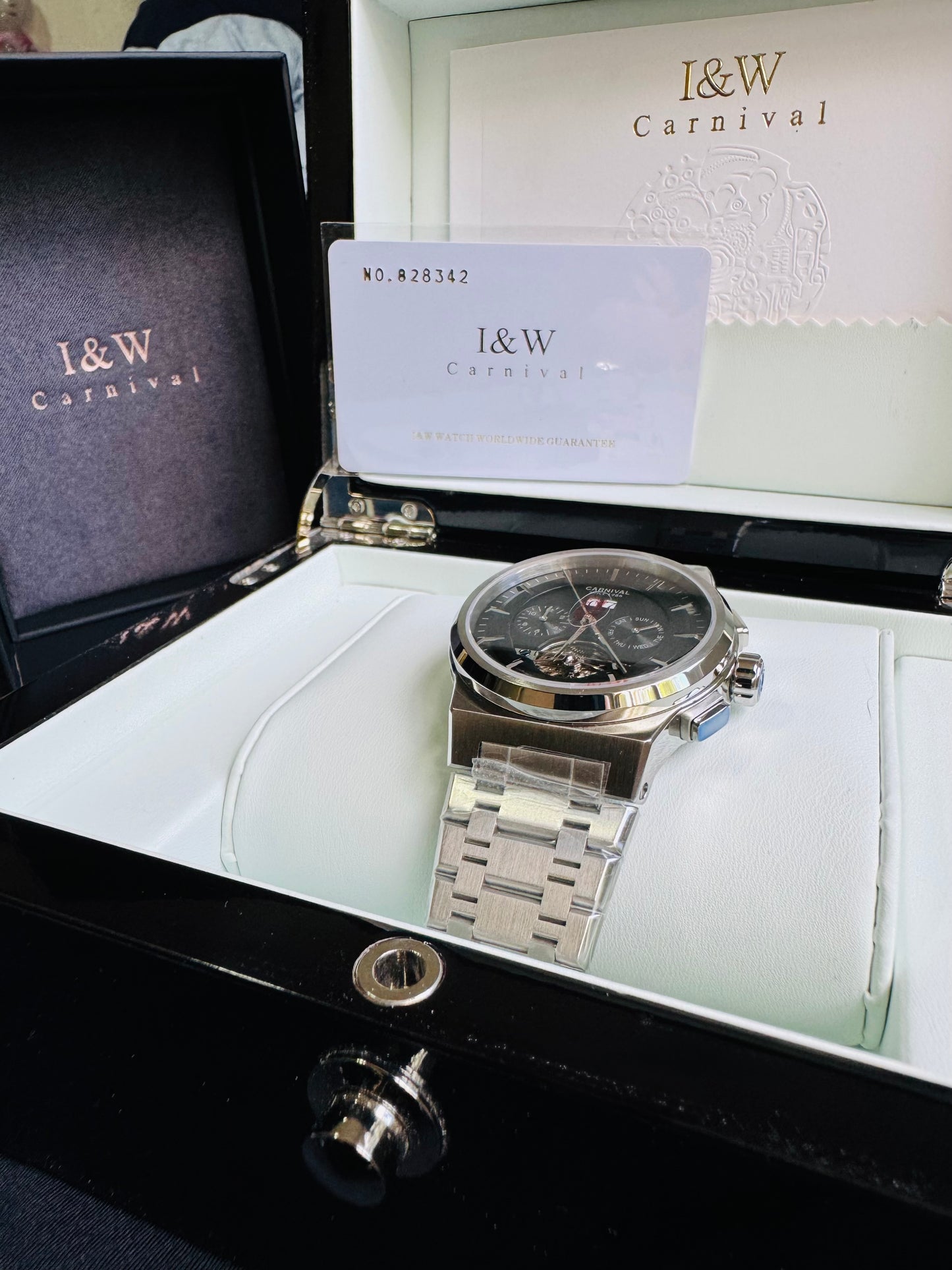 RELOJ I&W AUTOMATICO MECÁNICO-VENTANA TOURBILLON-CALENDARIO  MES-SEMANA-FECHADOR- HORAS PEQUEÑO DIAL JOYAS 💎 RESISTENTE AL AGUA- ALTA CALIDAD!!! 💯% ORIGINAL