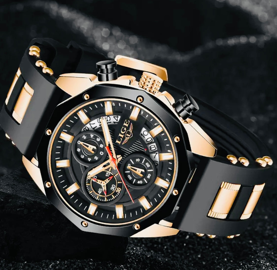 Reloj de Cuarzo LIGE para Hombre, Cronógrafo Multifuncional con Calendario, Pantalla Luminosa, Adorno Brillante, Caja de Aleación de Zinc, Correa de Silicona, Batería Incluida