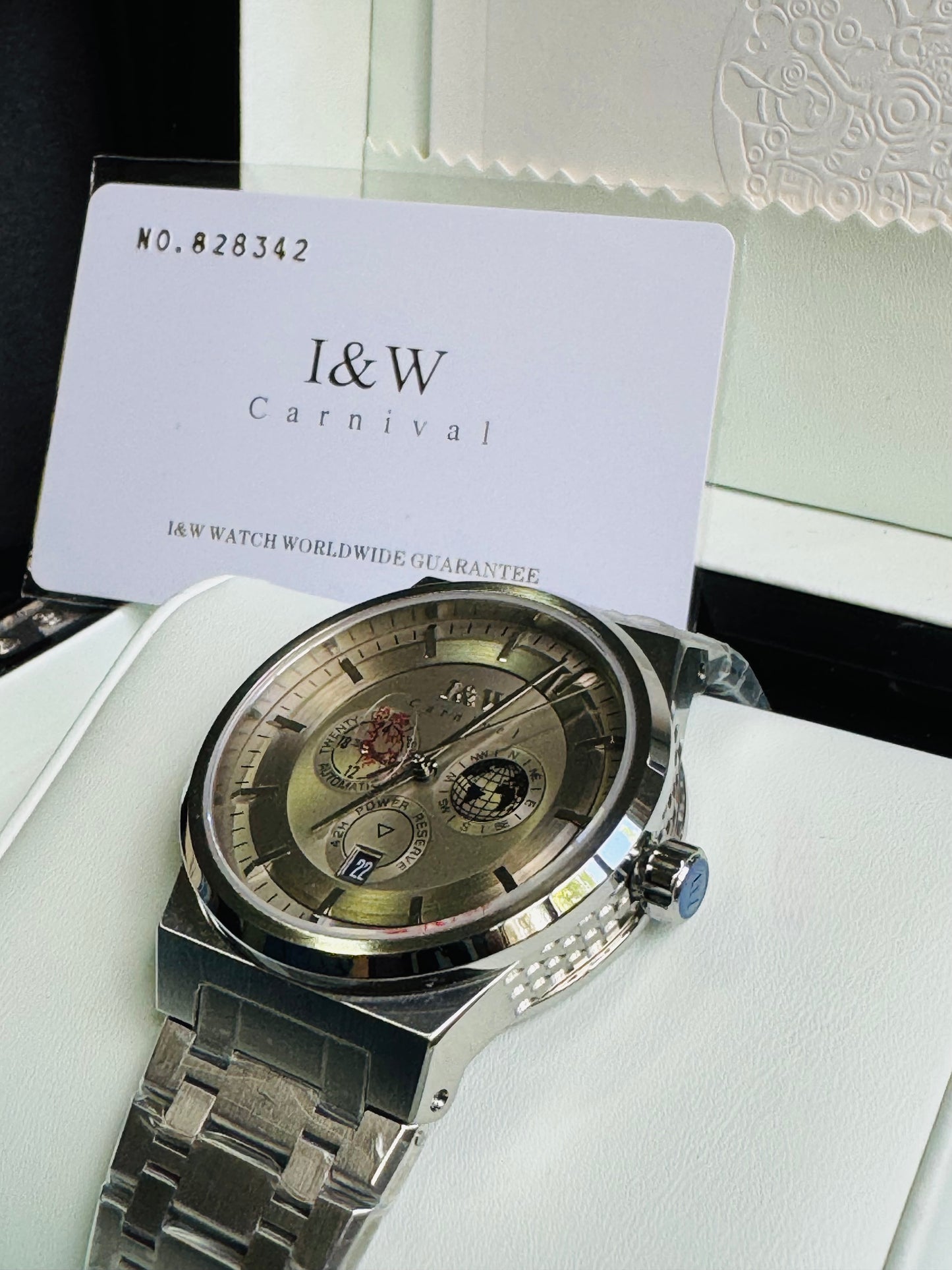 HERMOSO HE INTRINCADO DISEÑO!!!RELOJ I&W AUTOMATICO MECÁNICO-CALENDARIO -42 HORAS DE RESERVA DE CARGA-FECHADOR-DIAL 21 JOYAS 💎 RESISTENTE AL AGUA- ALTA CALIDAD!!! 💯% ORIGINAL