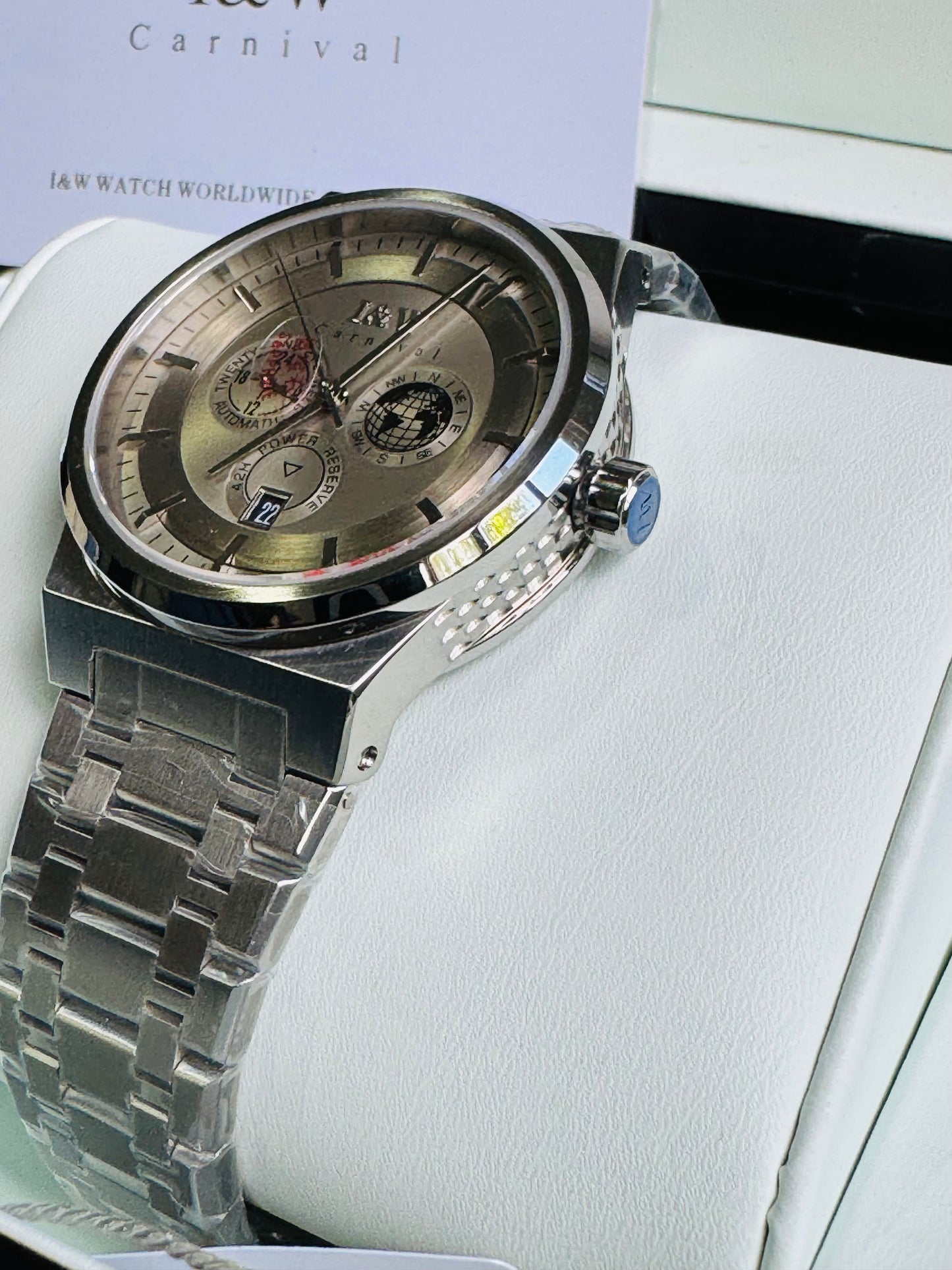 HERMOSO HE INTRINCADO DISEÑO!!!RELOJ I&W AUTOMATICO MECÁNICO-CALENDARIO -42 HORAS DE RESERVA DE CARGA-FECHADOR-DIAL 21 JOYAS 💎 RESISTENTE AL AGUA- ALTA CALIDAD!!! 💯% ORIGINAL