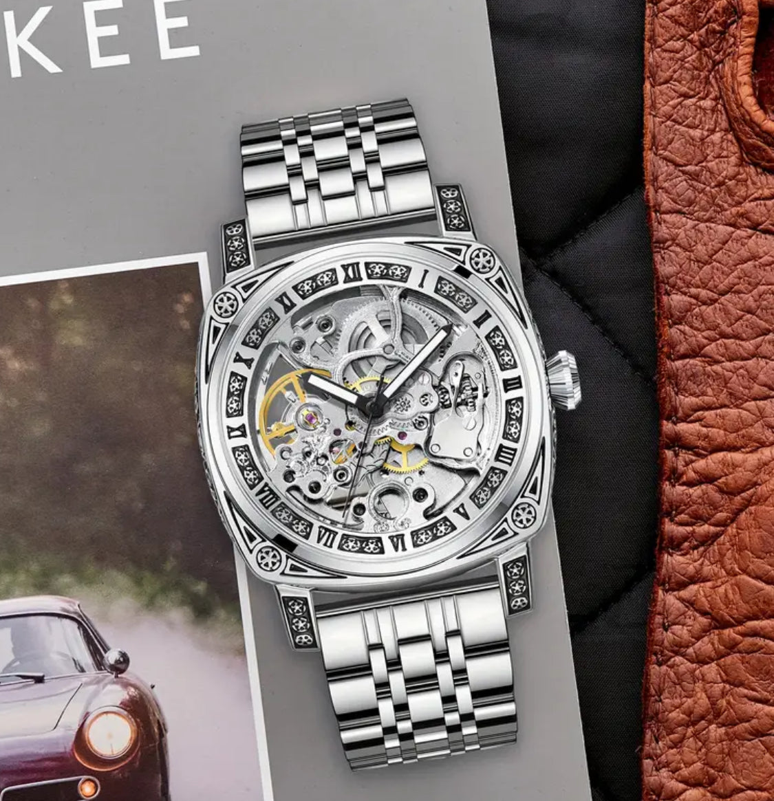 Intrincado Diseño Grabado Reloj Automático Mecánico Skeleton de Alta Calidad Exquisitos Acabados
