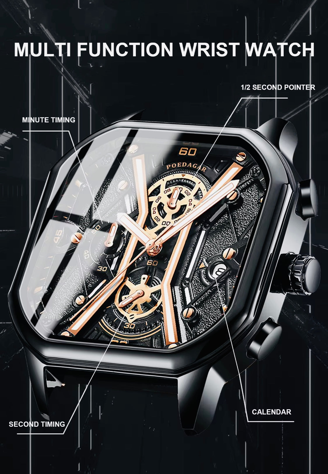 Reloj de pulsera de cuarzo para hombre, cronógrafo luminoso de lujo, resistente al agua, con esfera cuadrada, Pulso de Acero Inoxidable 💯% Original Disponible en Dorado y Negro