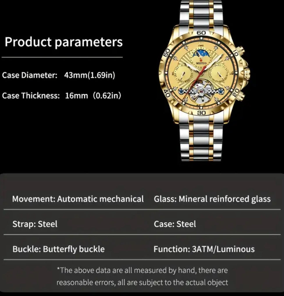 Elegante Y Sofisticado Reloj Automático Mecánico-Tourbillon -Multifuncional- Fechador-Display de Día y Noche-Día de la semana-Luminoso- Cristal Mineral Reforzado Antirrallones- Etcétera